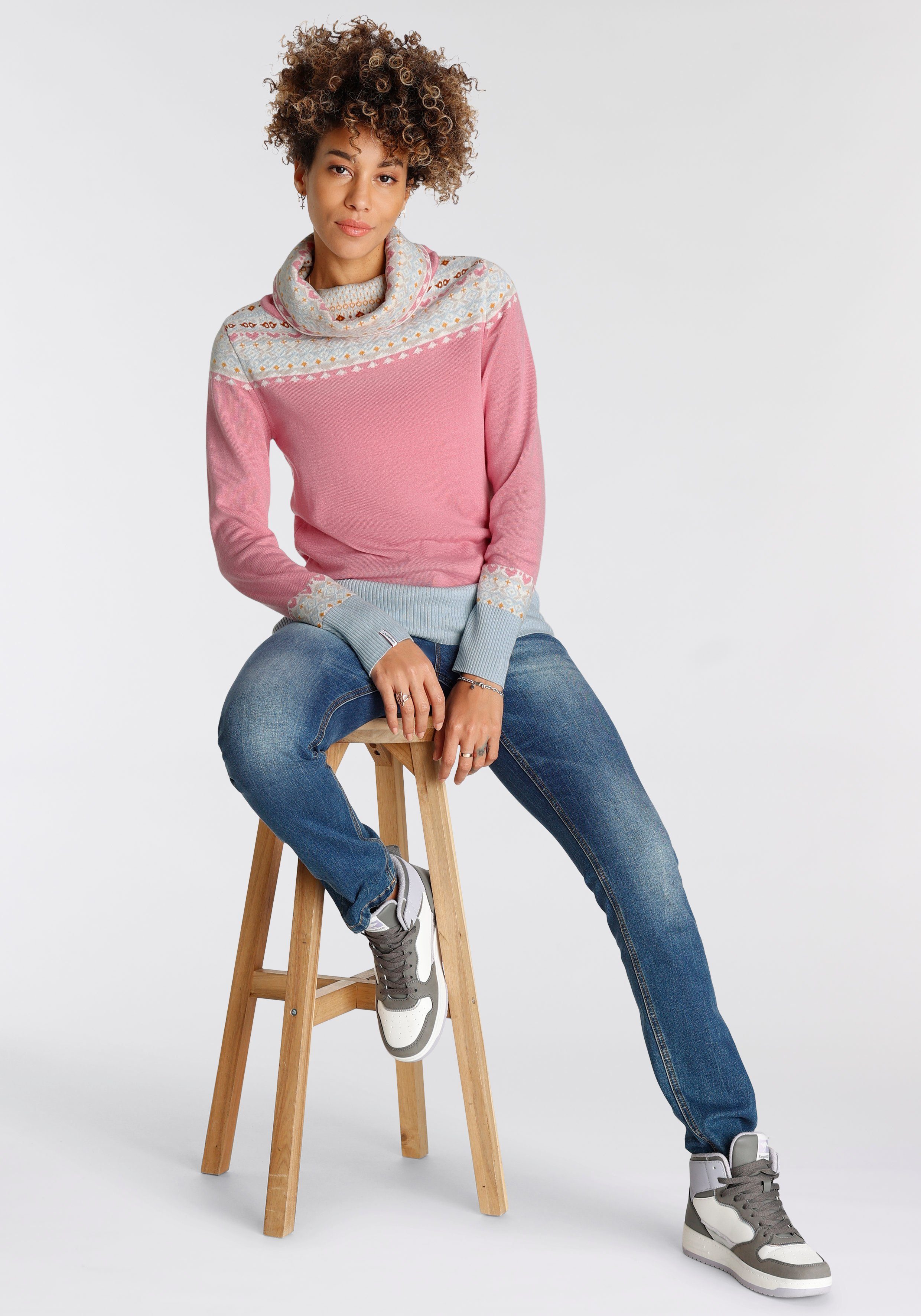 Norwegerpullover - Doppel-Schlauchkragen KOLLEKTION pink-hellblau mit NEUE trendigem KangaROOS