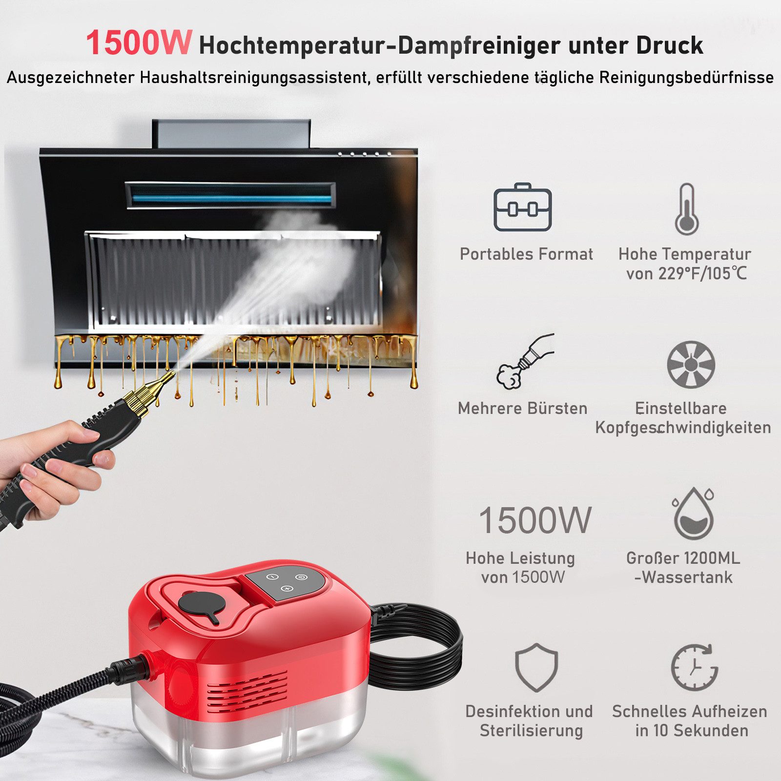 YADIMI Handdampfreiniger 1500W Tragbarer Dampfreiniger mit 1200 ml Wassertank, 1500 W, 6-stufige Leistungsregelung und 3 Bürstenköpfen, Dampfreiniger für Böden, Küche, Fenster, Badezimmer und Auto