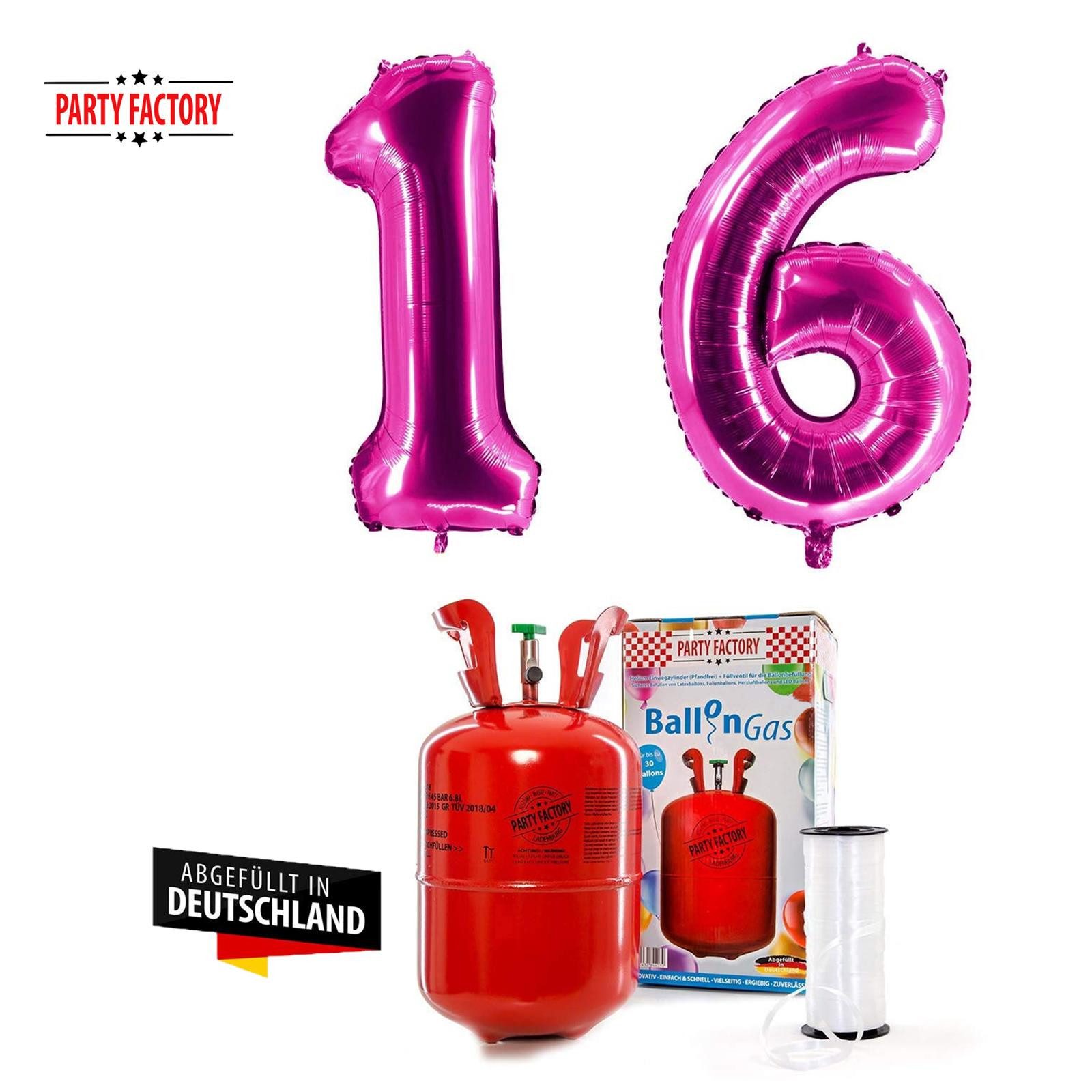 Party Factory Helium Helium-Set pinke 16 mit XXL Zahlenballons + 0,2m³ Ballongas, Abgefüllt in Deutschland
