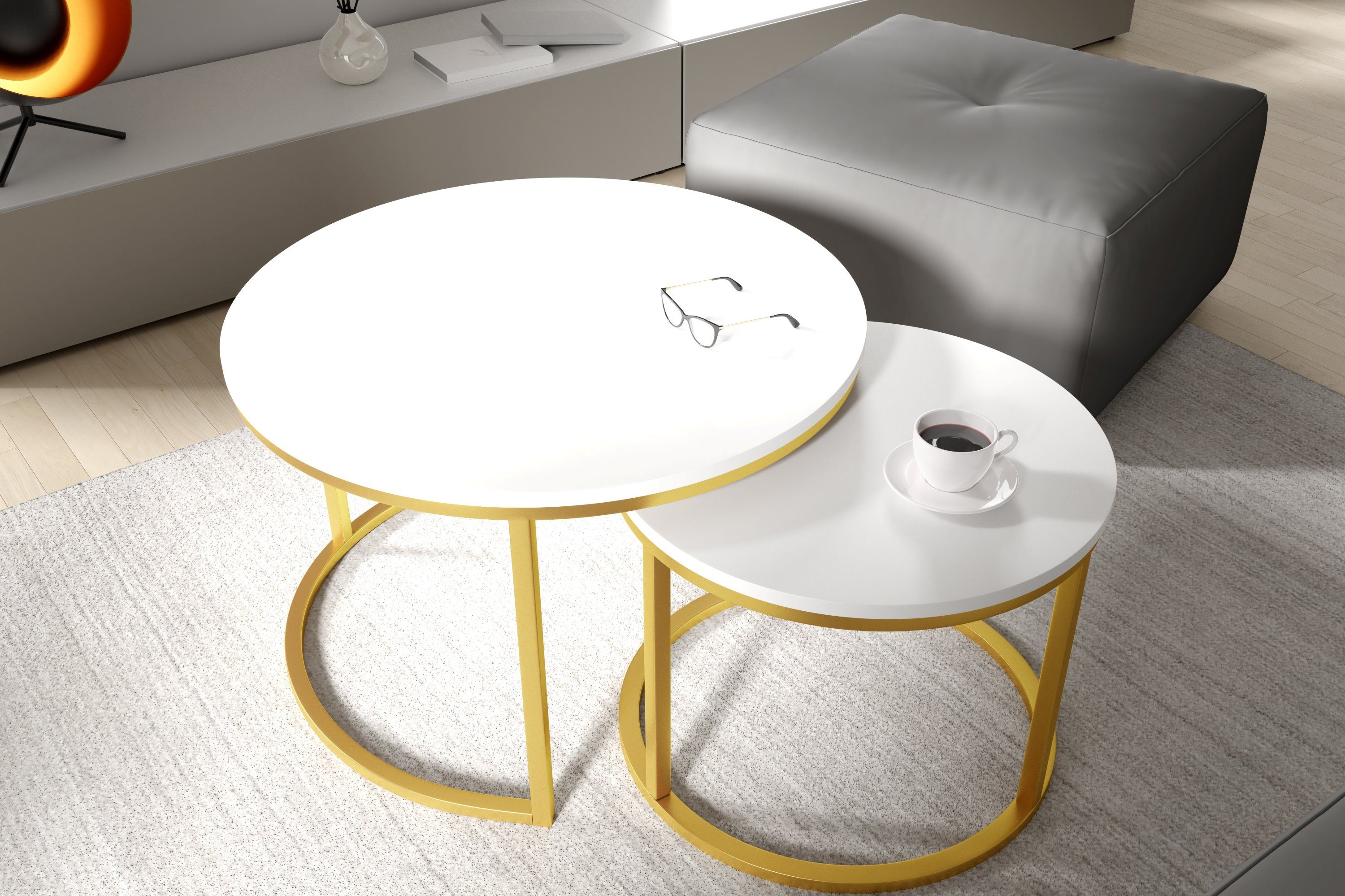 Polini Home Couchtisch Couchtisch-Set Rund 2-teilig 75cm und 58cm DOKKUM weiß/Gold (Set, 2-St), Laminierte Tischplatte, hitzebeständige, stoß- und kratzfeste Tisch