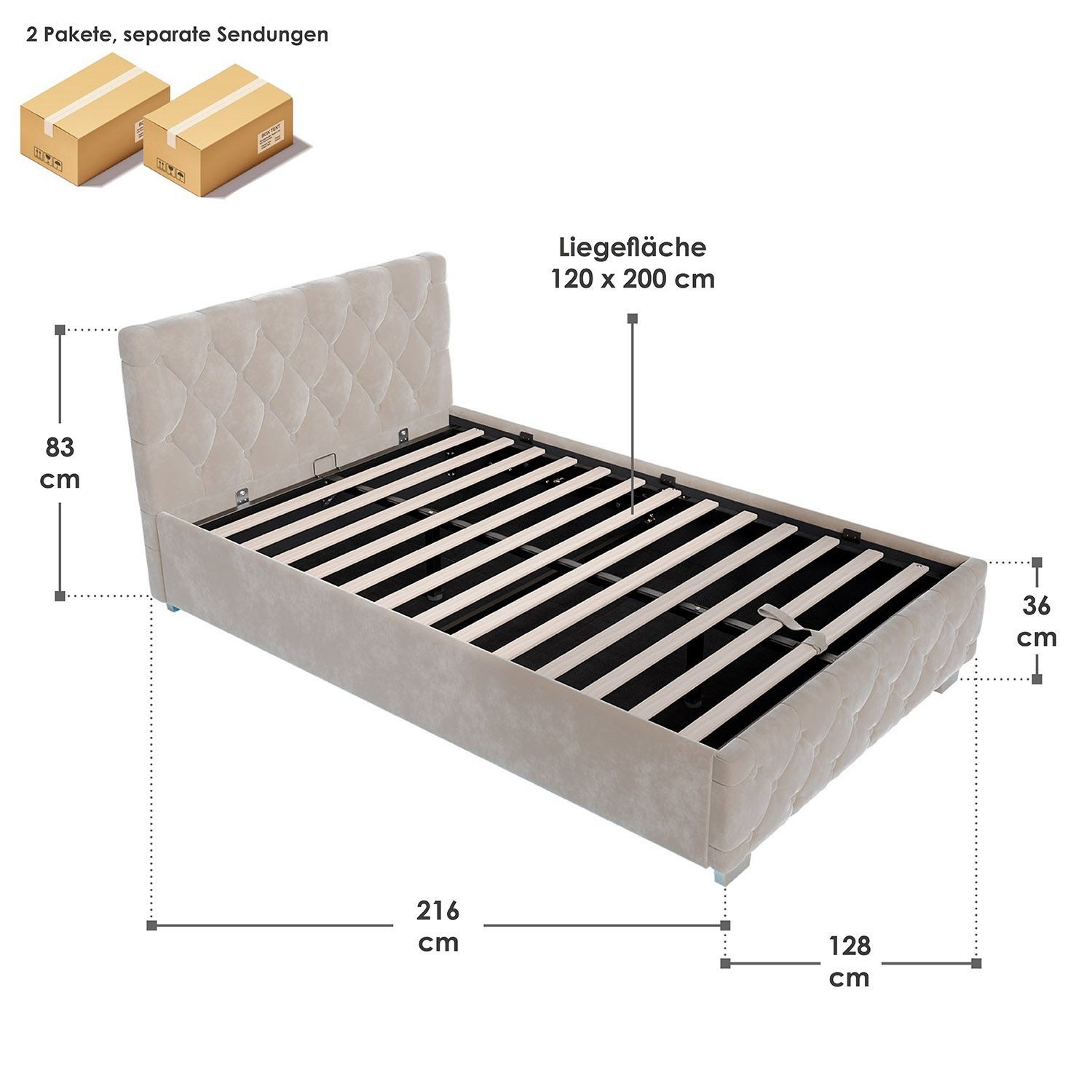 Juskys Polsterbett Nizza, Stauraum, LED Licht, Chesterfield Steppung, Samtbezug