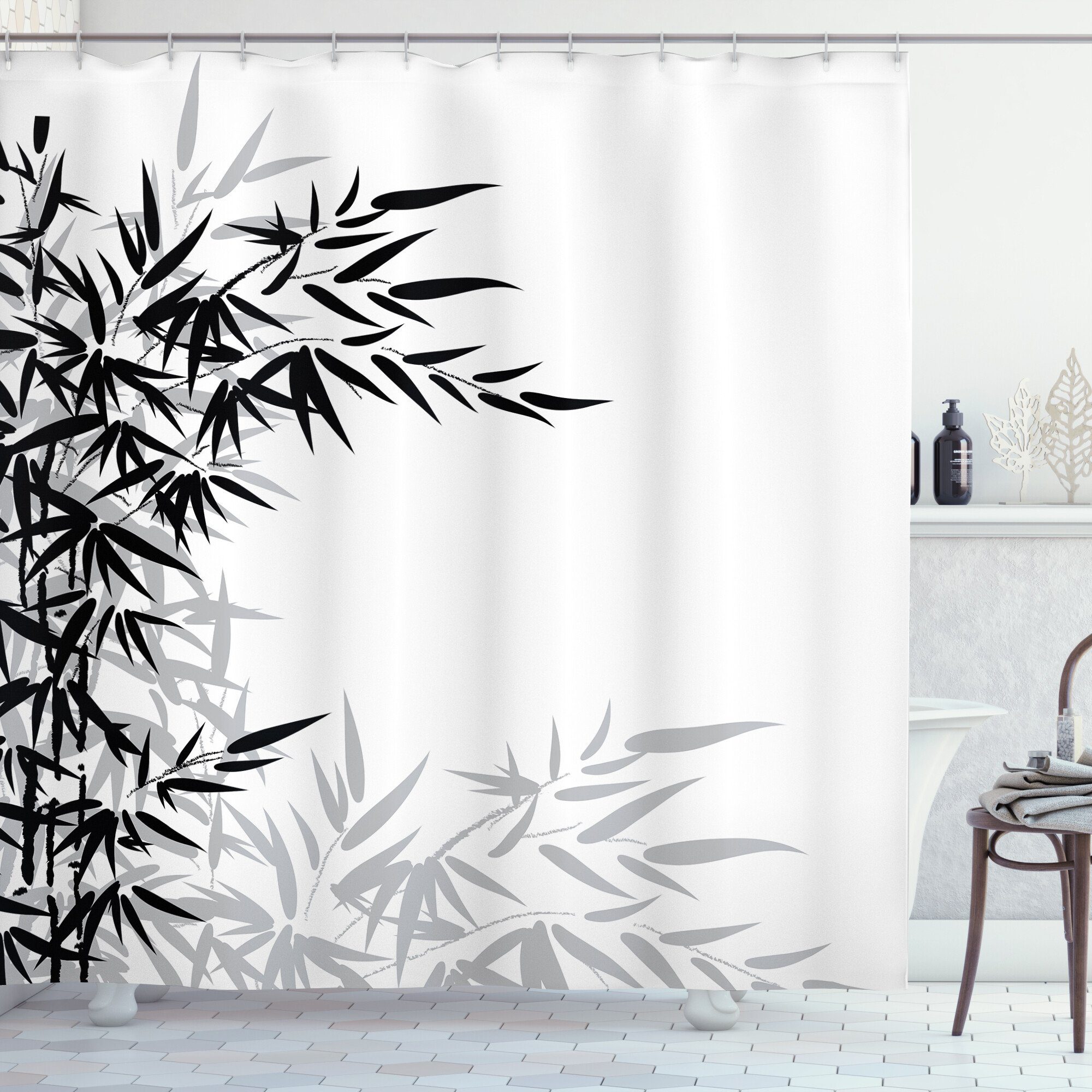 Abakuhaus Duschvorhang Moderner Digitaldruck mit 12 Haken auf Stoff Wasser  Resistent Breite 175 cm, Höhe 180 cm, Schwarz-Weiss Bambus Pflanzenblätter