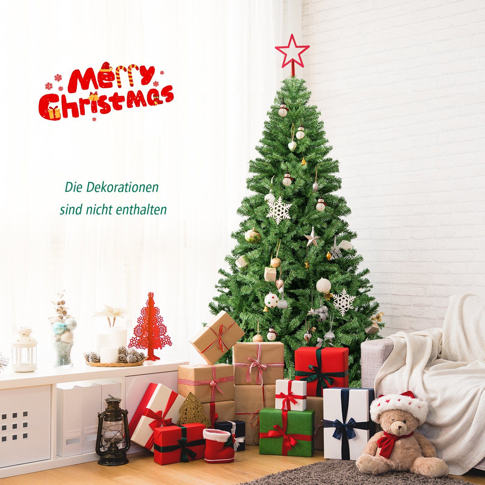 COSTWAY Künstlicher Weihnachtsbaum, 225cm, mit 1346 Spitzen PVC Nadeln