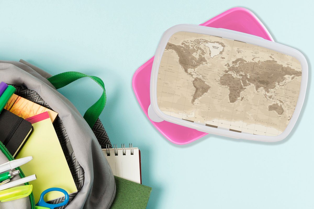 Kunststoff Mädchen, Brotdose (2-tlg), Brotbox Lunchbox Erwachsene, - Kinder, MuchoWow Braun, Kunststoff, Weltkarte Vintage - für Snackbox, rosa