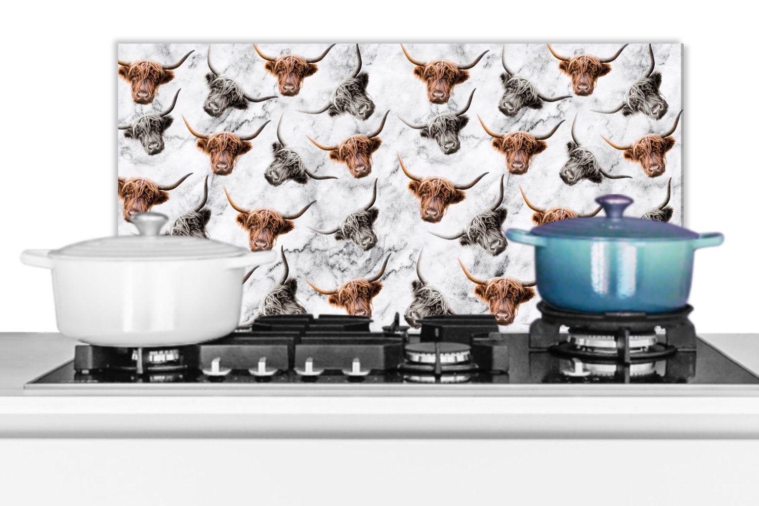MuchoWow Küchenrückwand Schottischer Highlander - gegen 60x30 Muster, Wandschutz, und für - cm, Fett Tiere (1-tlg), Küchen Schmutzflecken