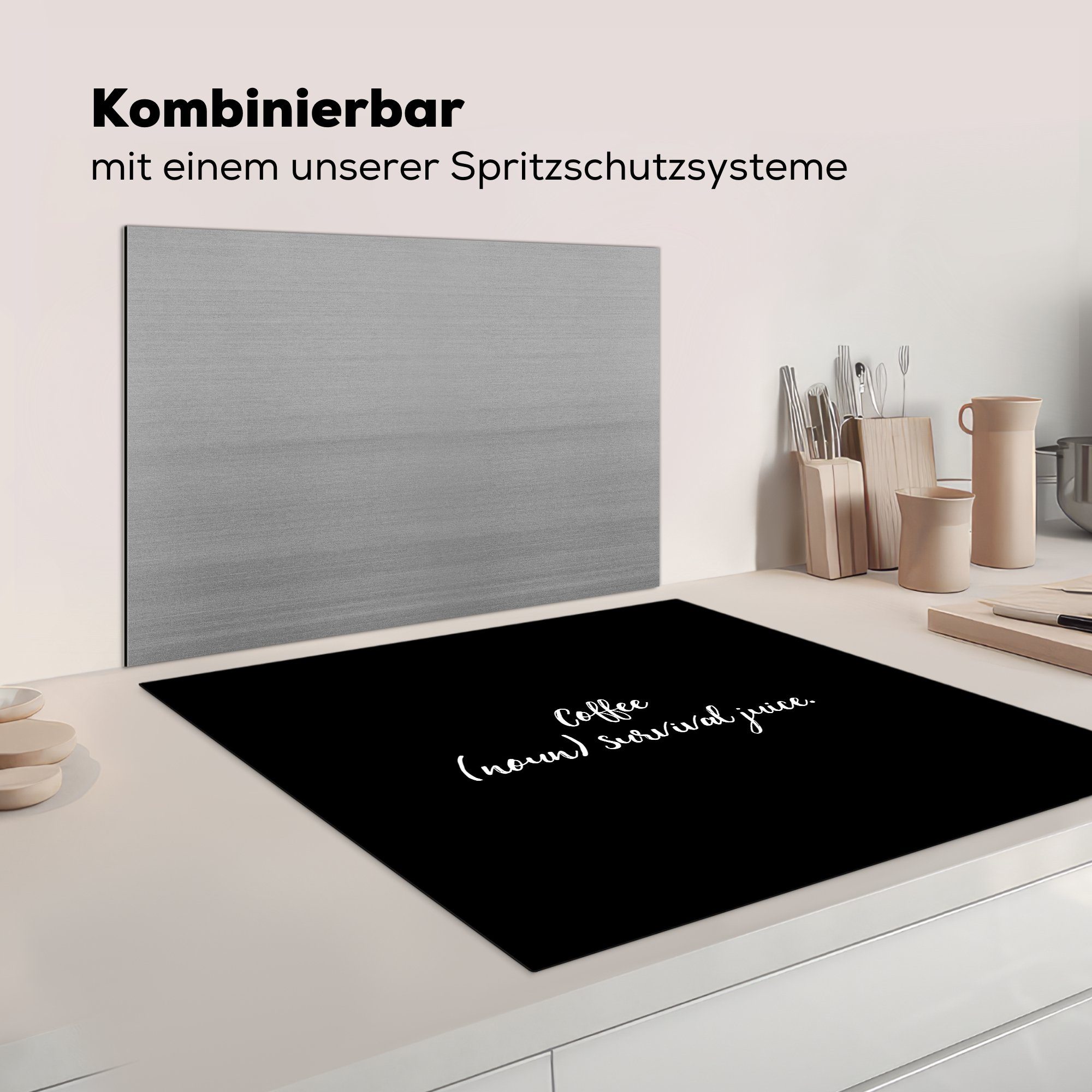 küche tlg), 78x78 - Kaffee Überlebenssaft - Zitate Sprichwörter Arbeitsplatte Vinyl, Herdblende-/Abdeckplatte Ceranfeldabdeckung, für cm, - Kaffee, (1 (Substantiv) MuchoWow