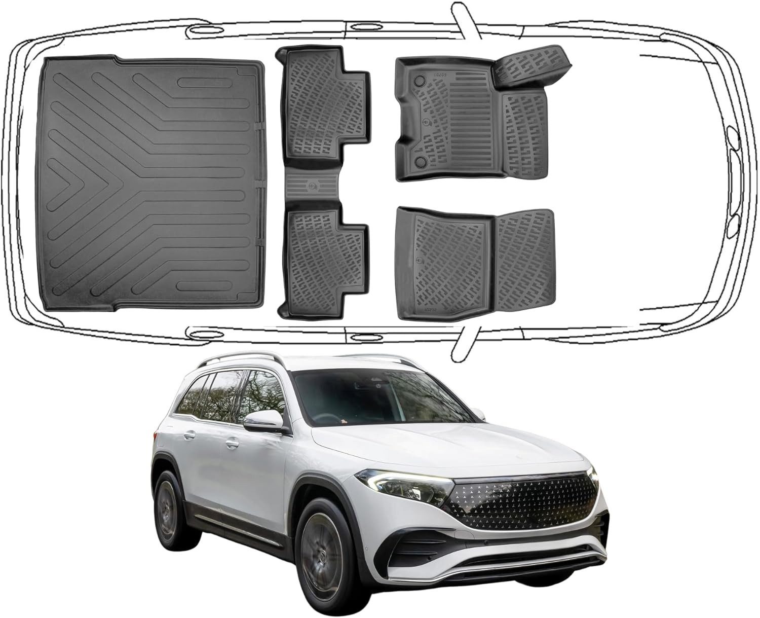 Trimak Passform-Fußmatten Oder Kofferraumwanne Oder Set kompatibel mit Mercedes EQB, Mercedes EQB X243 ab 2021 Gummimatten Auto & Kofferraummatte TPE
