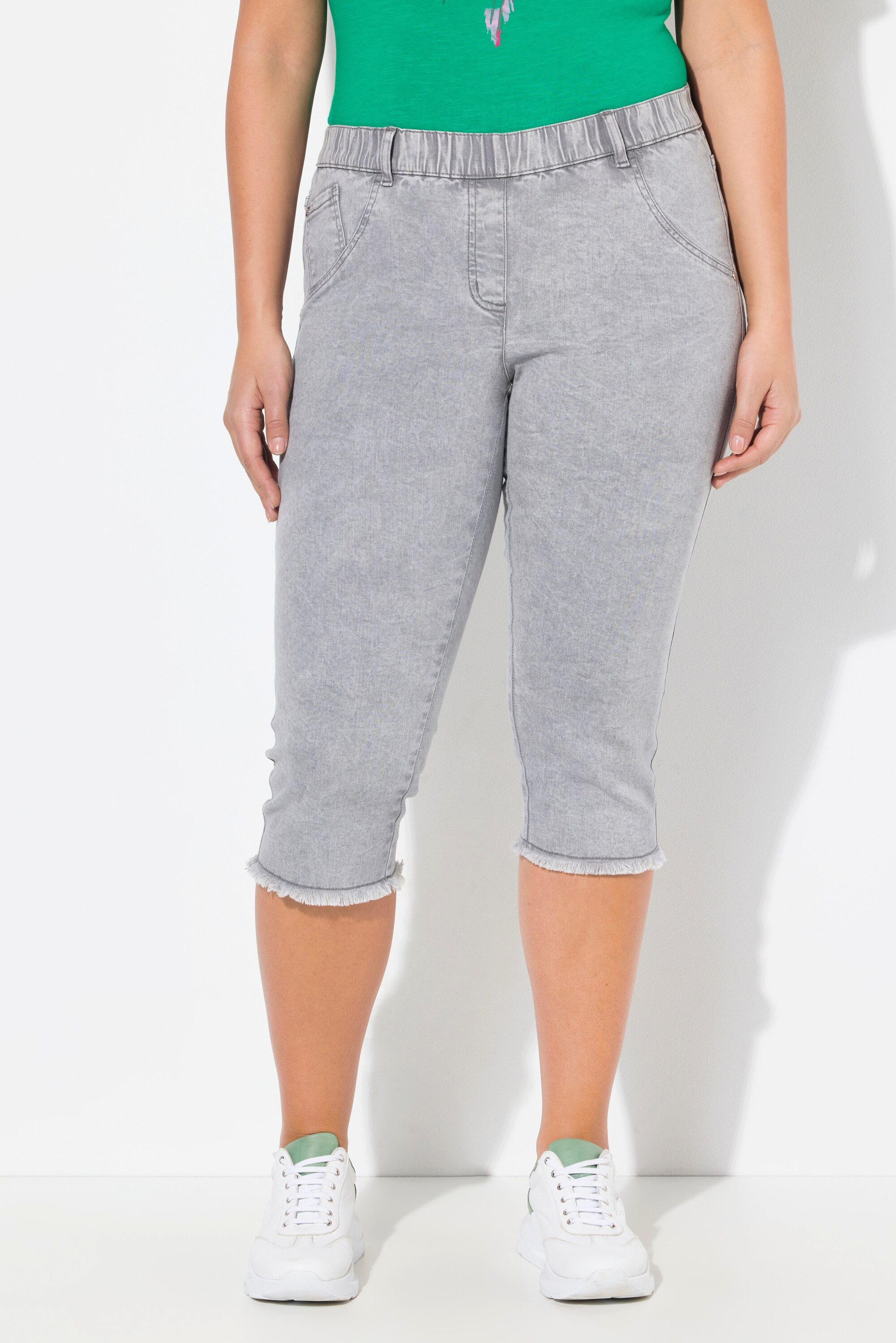 Ulla Popken Regular-fit-Jeans Jeanscapri Sienna Fransensaum Komfortbund