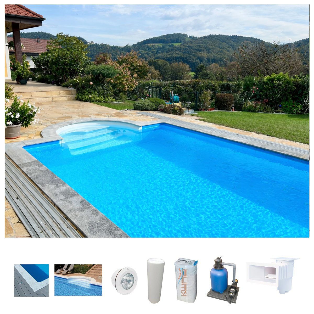 KWAD Schwimmbecken STYROPOR®STEIN POOL ALL INCLUSIVE, BxLxH: 300x600x150 cm (Set), mit Römertreppe, inkl. Beckenrandsteine & Poolbeleuchtung