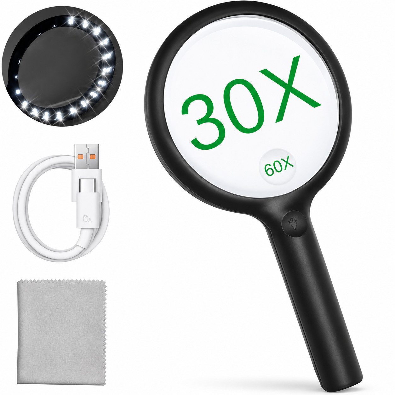 XEOOCE Lupenlampe Leselupe mit LED 30x/60xVergrößerung USB Aufladbar, LED fest integriert
