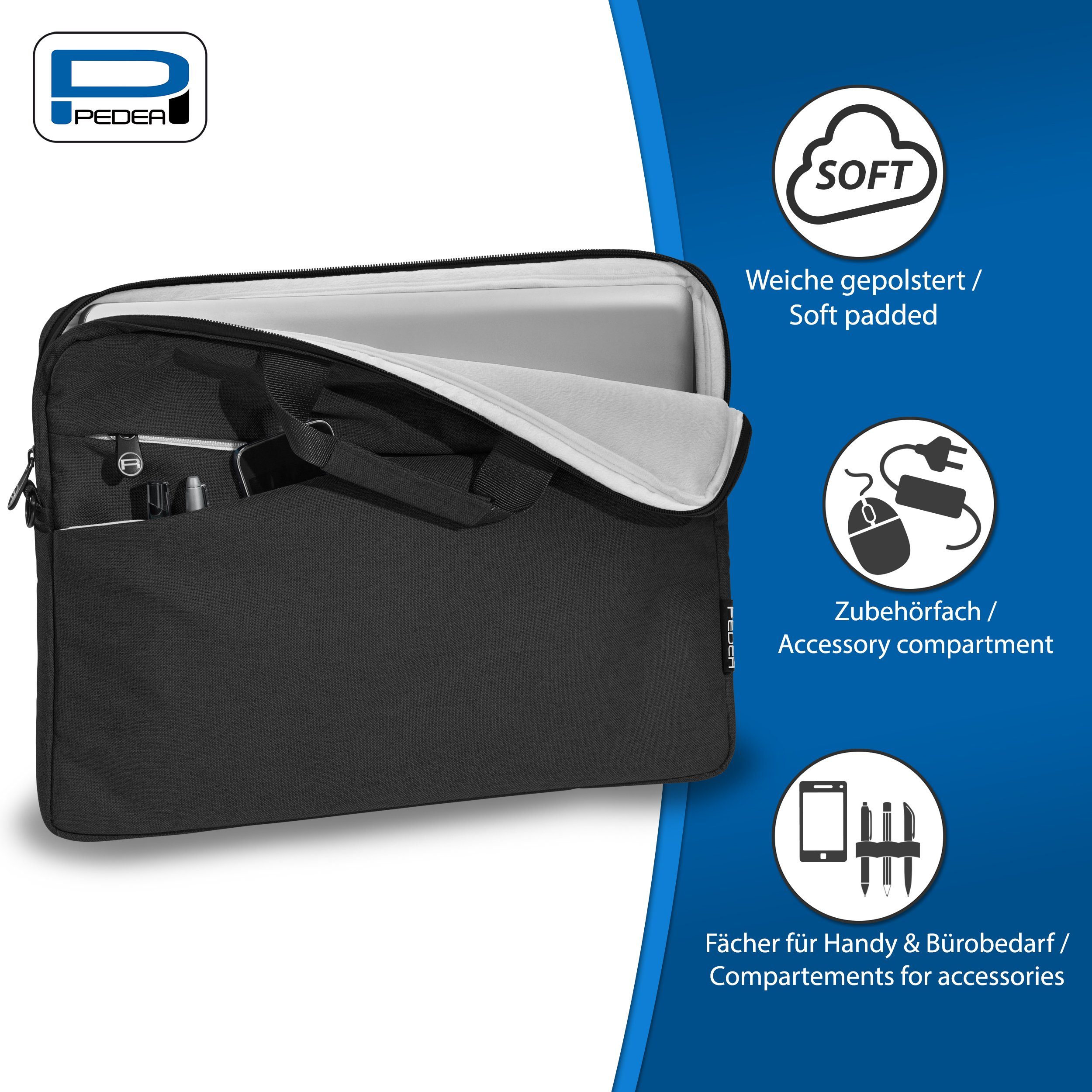 PEDEA Laptoptasche FASHION Umhängetasche mit Polsterung 13,3 / 15,6 / 17,3 Zoll (15,6 Zoll (39,6 cm), Umhängetasche mit dicken Polsterung und fleeceartigem Innenfutter