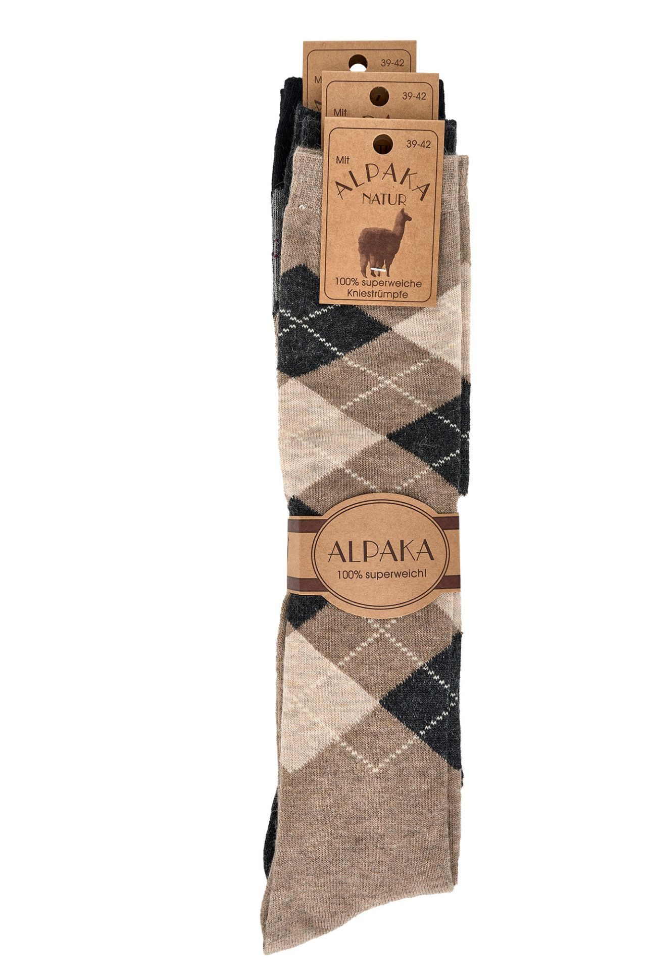 Wowerat Kniestrümpfe 3 Paar Kniestrümpfe im Karo-Design mit Alpakawolle für Damen & Herren