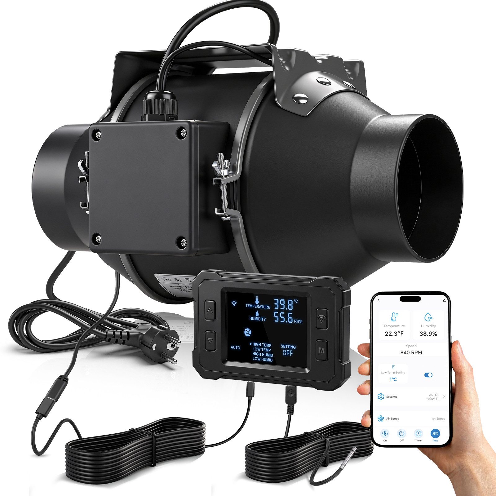 XERSEK Badlüfter EC-Abluftventilator Rohrlüfter mit Stufenlose App-Regelung, 360m³/h, Temp.-/Feuchtesensor - Smart Steuerung, Lüftung für Growzelt Bad Küche