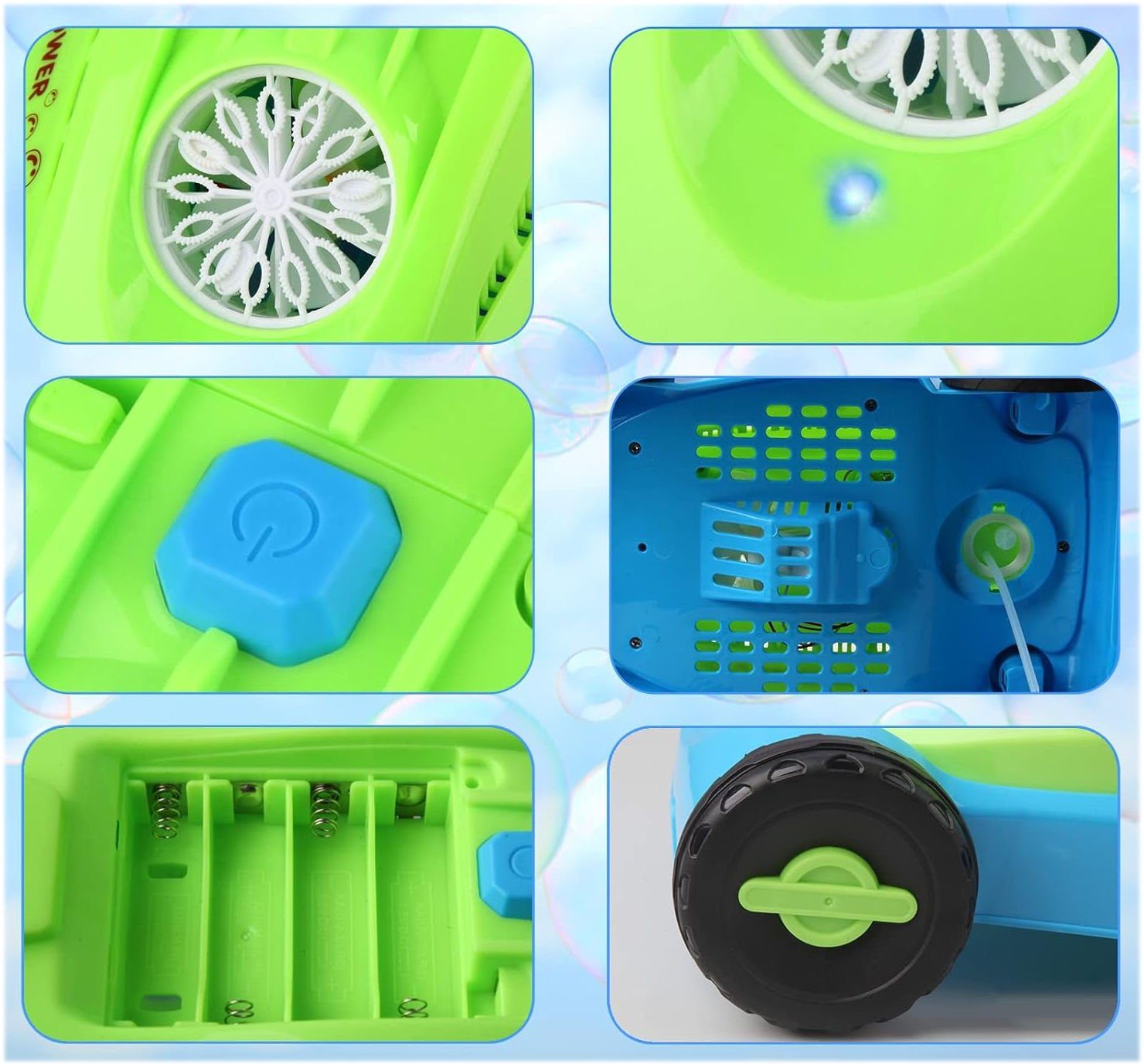 COIL Seifenblasenspielzeug Kinder Seifenblasen-Rasenmäher mit Licht & Sound – für Garten, 13 Löcher, 35.000 Blasen pro Minute, Schröpfflüssigkeit 80 ml
