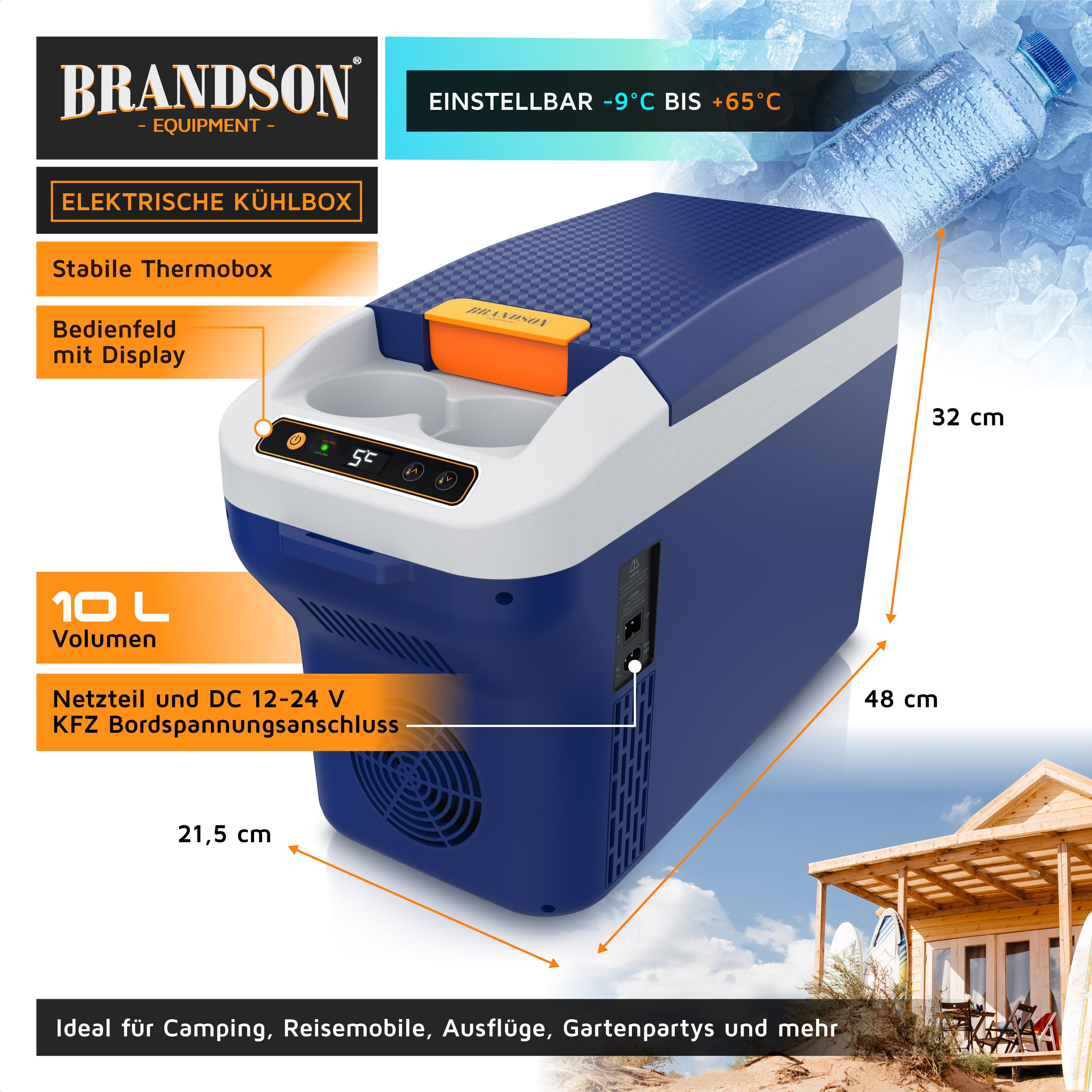 Brandson Elektrische Kühlbox 10 L, Kühlt & hält Warm, von -10 bis +65°C, für die Mittelkonsole, 10 l, Kühlbox elektrisch, 230 V Netzspannung und 12 V KFZ Auto Bordspannung