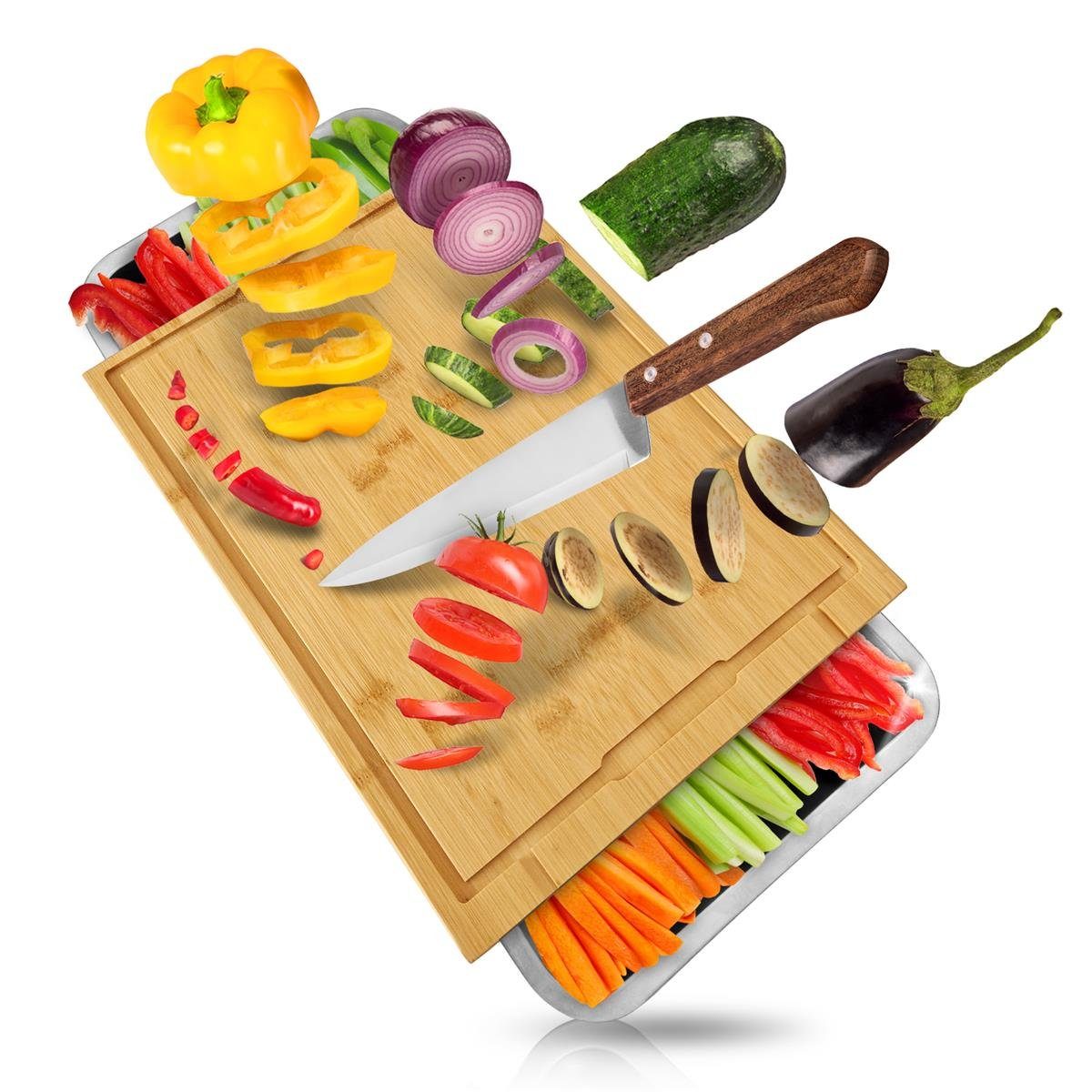 HEIMWERT Schneidebrett Schneidebrett Bambus mit zwei Auffangschalen, Bambus