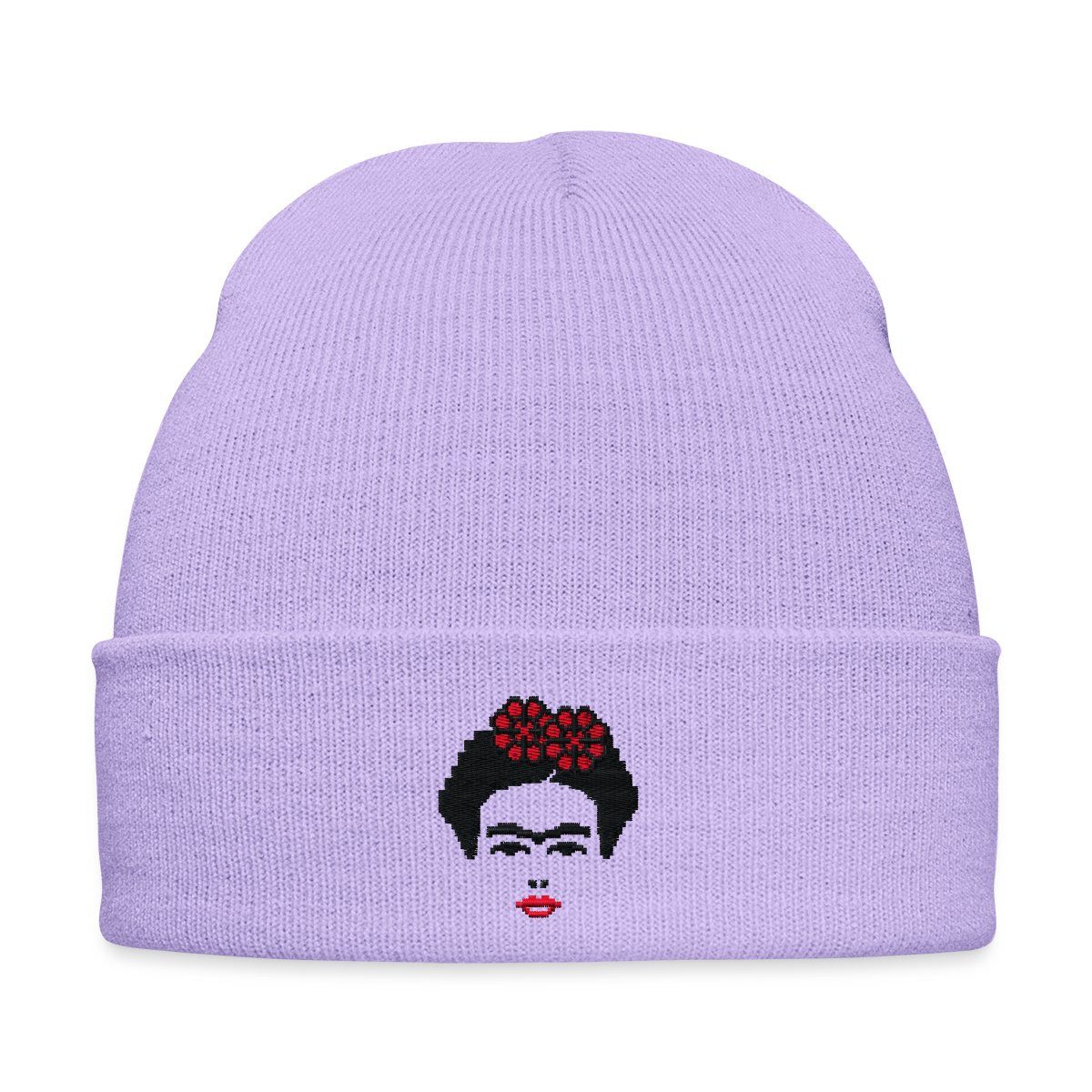 Spreadshirt Beanie Frida Kahlo Umriss Schwarz Und Rot Stick Bestickte Wintermütze (1-St)
