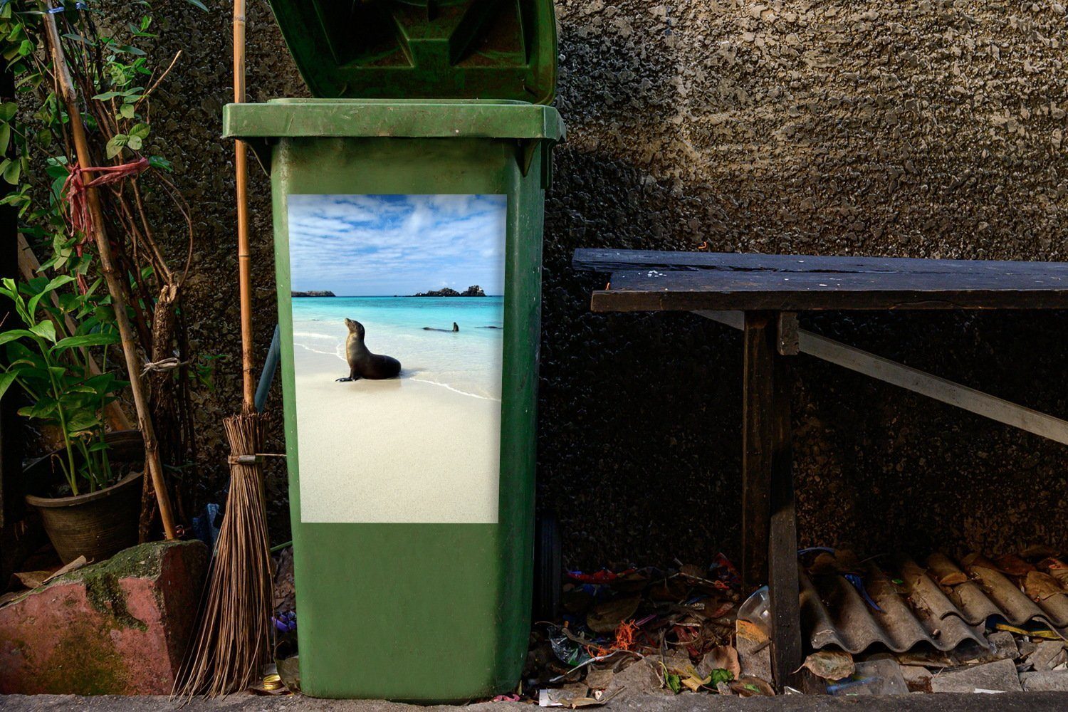 Abfalbehälter liegt der Sticker, St), klaren (1 im Mülleimer-aufkleber, MuchoWow Wandsticker Container, Robbe Mülltonne, Galapagos-Inseln Meerwasser Eine