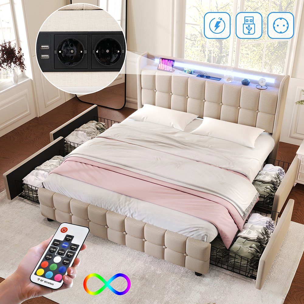 Polsterbett (Stauraumbett mit Lattenrost), Dopplebett 180x200cm mit LED-Beleuchtung, Ladefunktion & 4 Schubladen