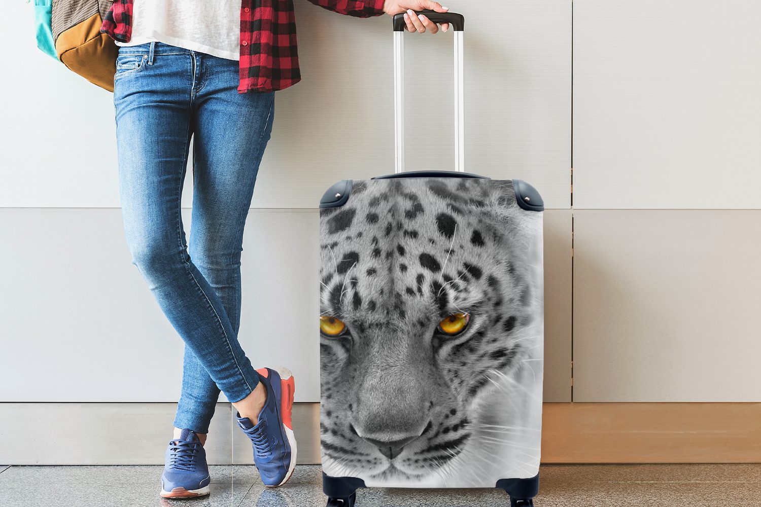 Reisetasche Trolley, MuchoWow - Handgepäck rollen, für 4 Weiß Leopard Rollen, Schwarz - - Gelb, mit Handgepäckkoffer Ferien, Reisekoffer