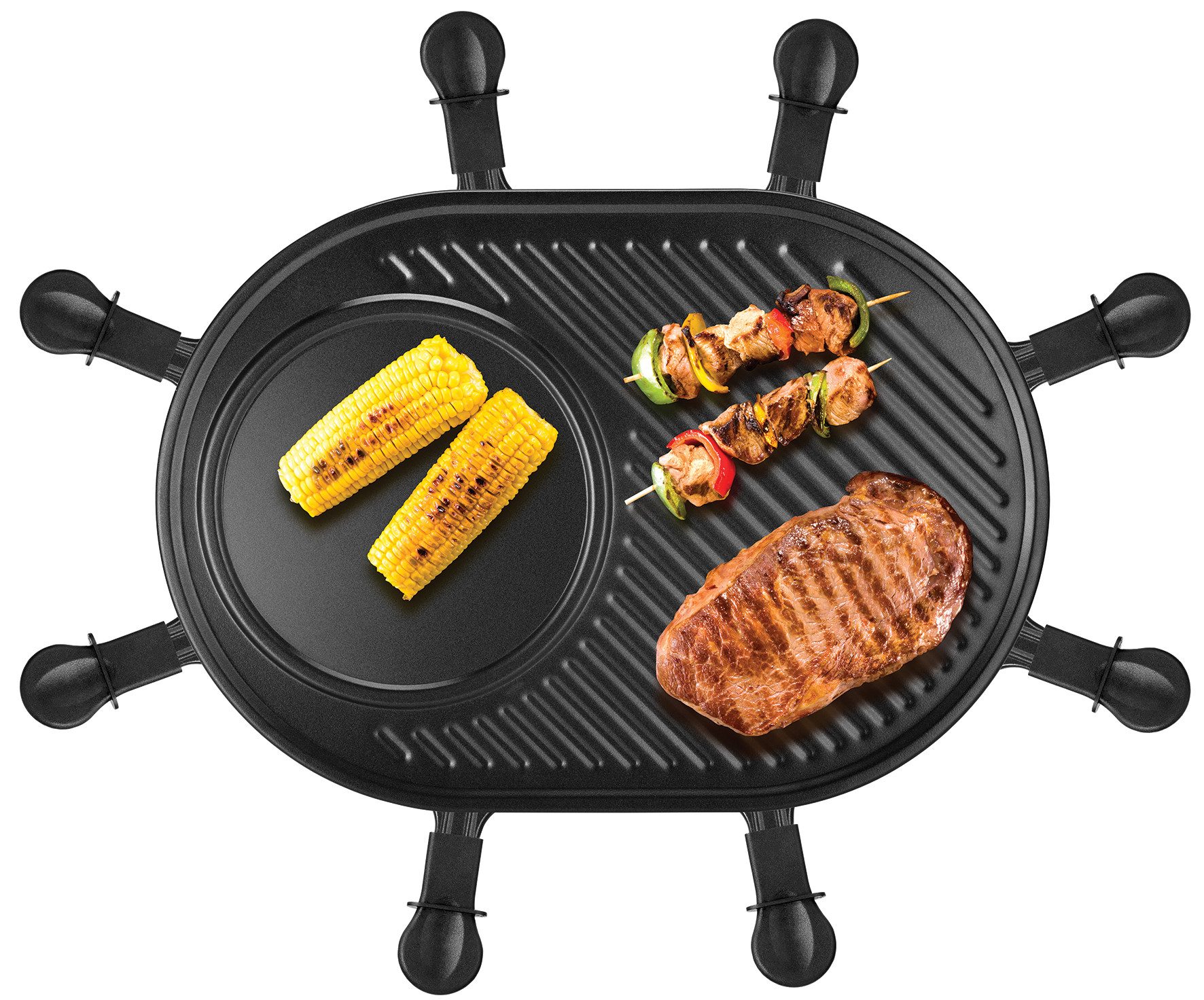 Unold Raclette Gourmet 48795, 8 Raclettepfännchen, 1200 W, Grillplatte abnehmbar, glatt und geriffelt