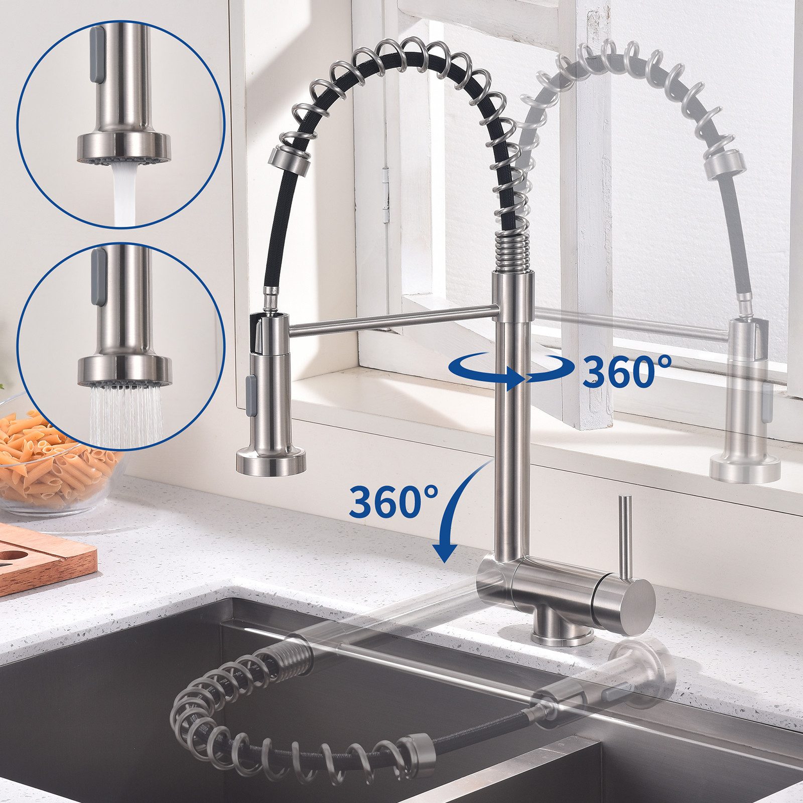 HOMELODY Küchenarmatur Vorfenster Wasserhahn, 360° Drehbare, Unterfenster Klappbar 180° (Mischbatterie bad) Spültischarmatur,zwei Strahlarten,Edelstahl 304,Gebürstet