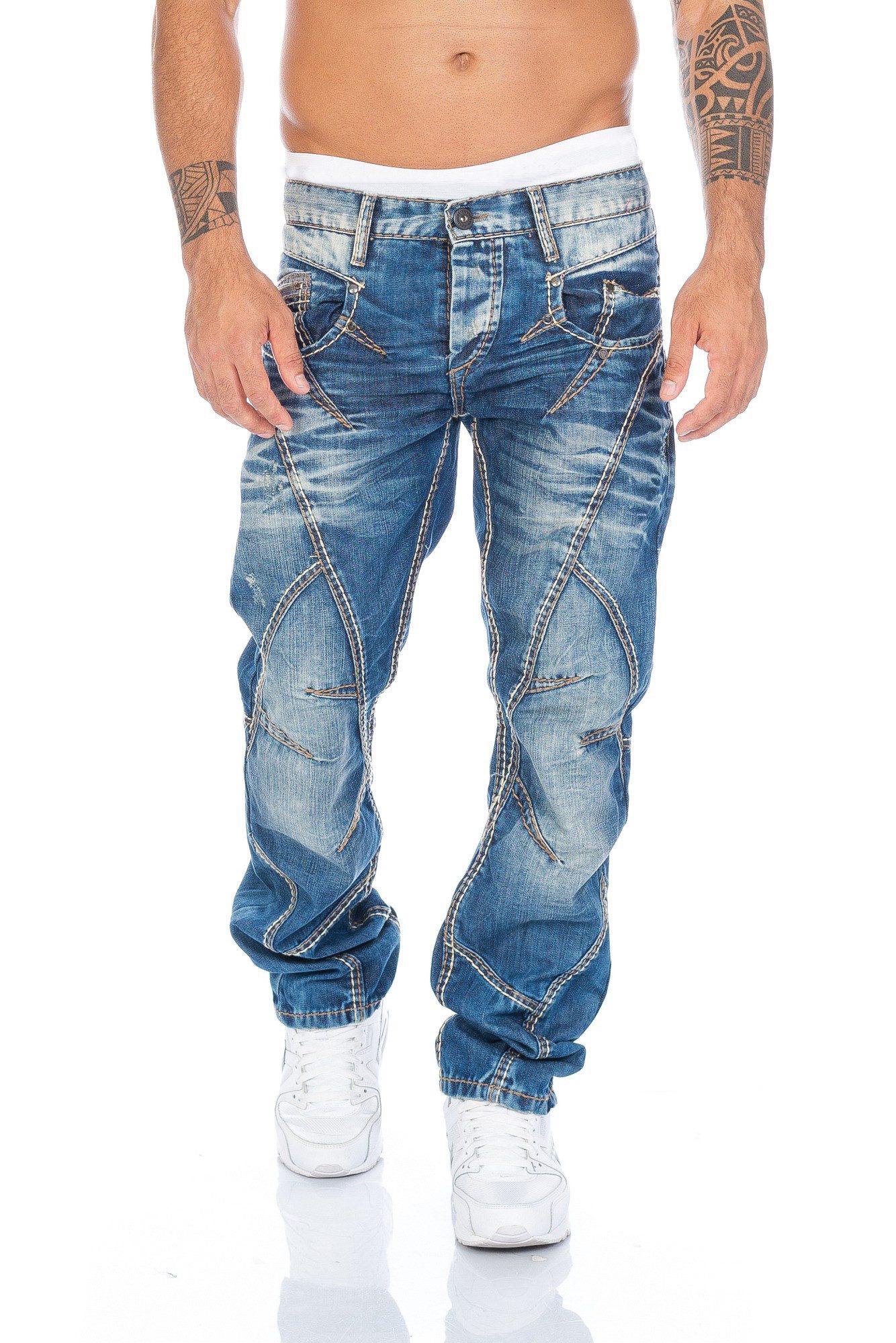 Cipo & Baxx Regular-fit-Jeans Herren Jeans Hose mit ausgefallener Nahtstruktur Jeanshose mit aufwendiger Nahtverzierung und stylischer Waschung