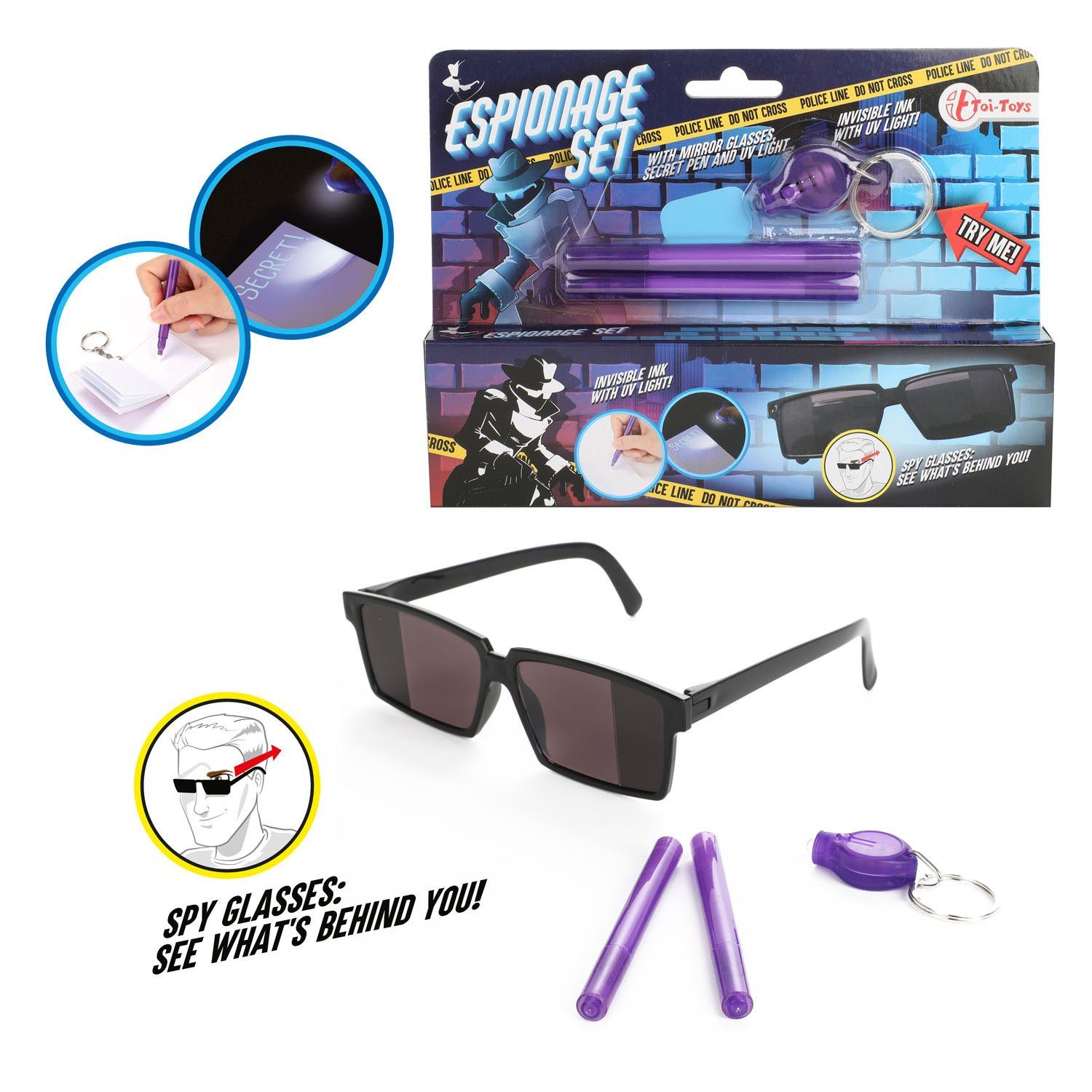 Toi-Toys Experimentierkasten Spionage-Set mit Spiegelbrille, Geheimstift und UV-Lampe