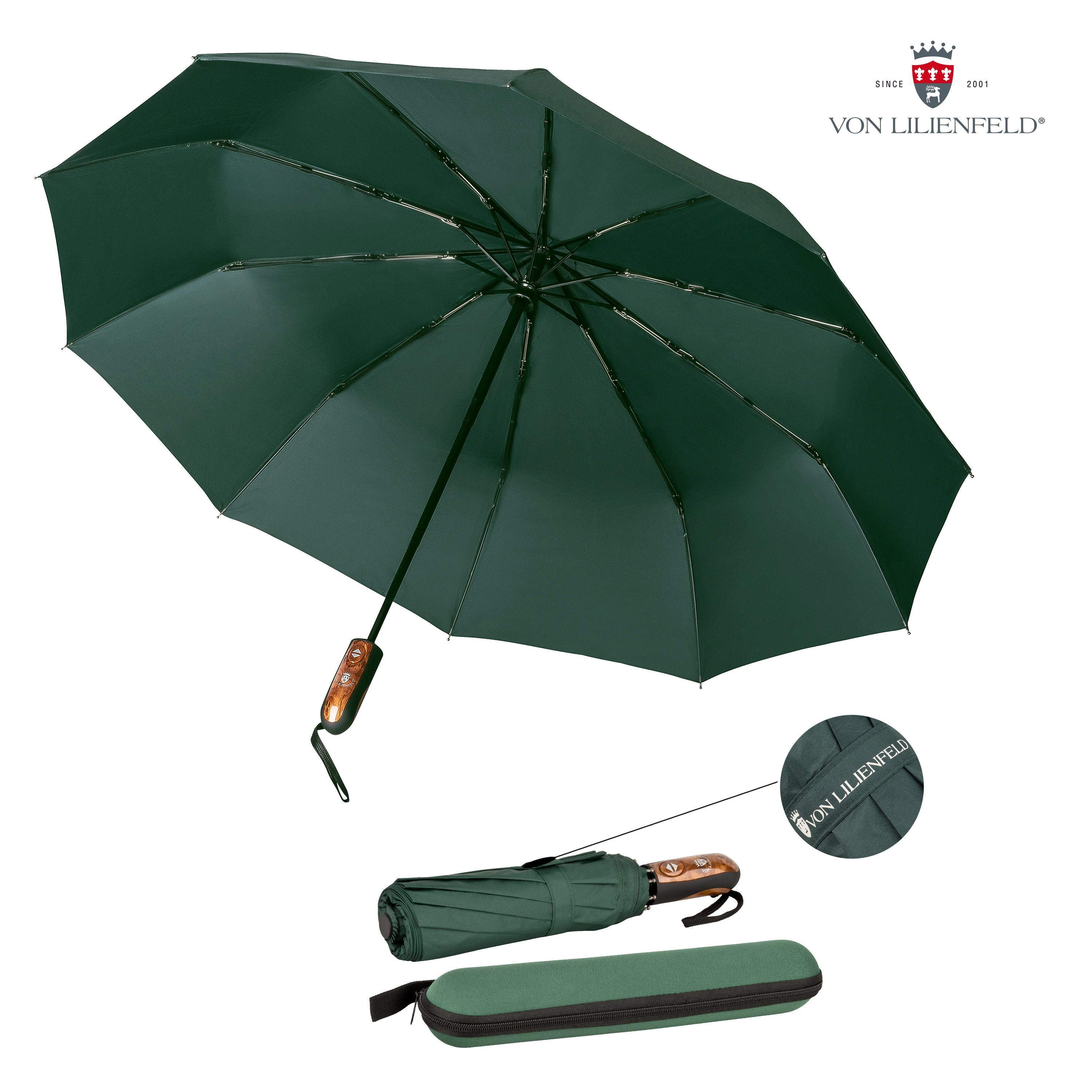 von Lilienfeld Taschenregenschirm Schirm Clark mit Reise-Etu Auf-Zu-Automatik Teflonbeschichtung, extrem wasserabweisend, schnelltrocknend dunkelgrün