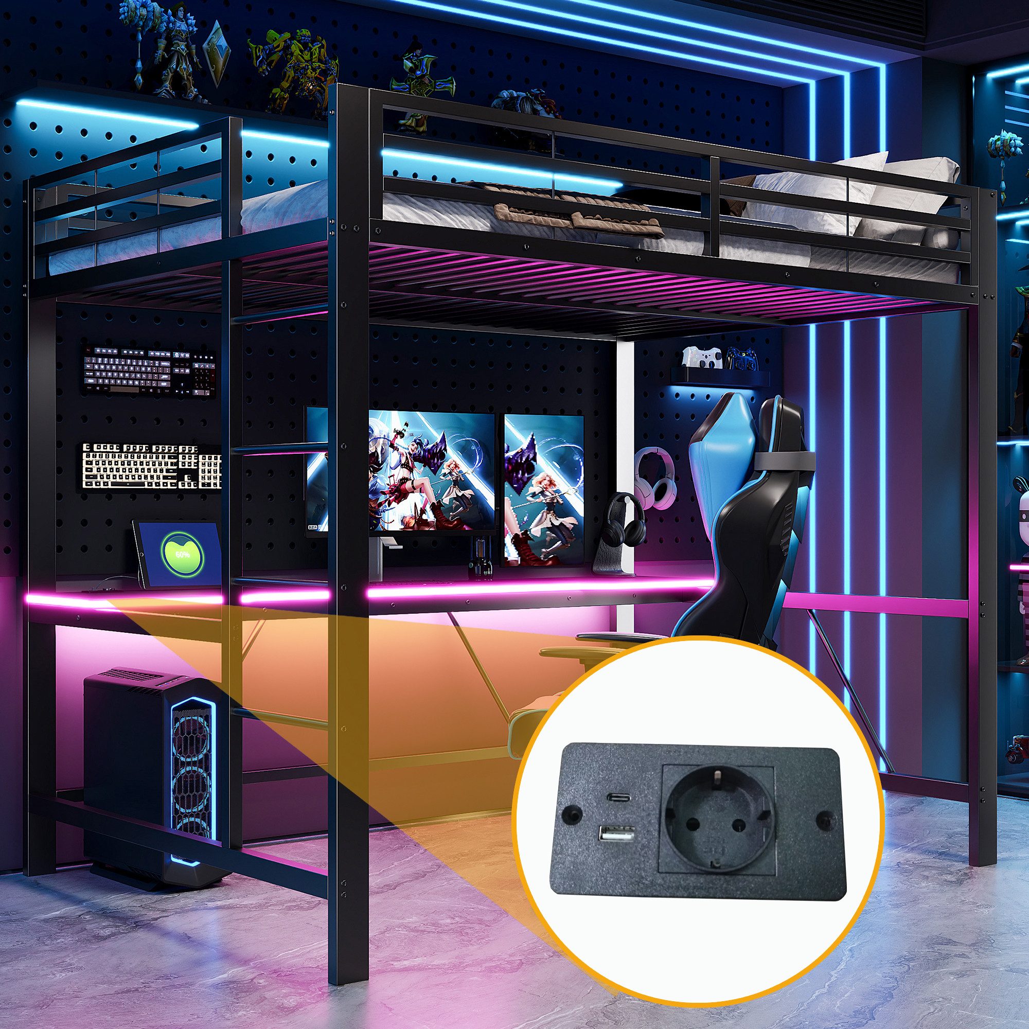 Merax Hochbett mit LED-Beleuchtung & USB-Ladestation (Jugendbett Einzelbett Mehrzweckbett, 1-St) Metallbett Kinderbett 140x200cm mit Schreibtisch Leiter & Schutzgitter