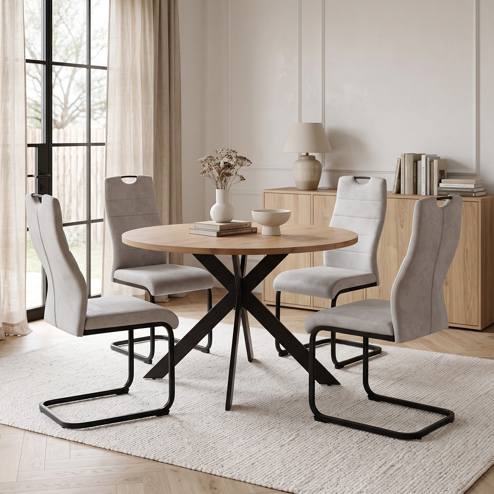 Jiexi Essgruppe Runder Esstisch 110cm MDF Eiche Set mit 4 Hightech Freischwinger