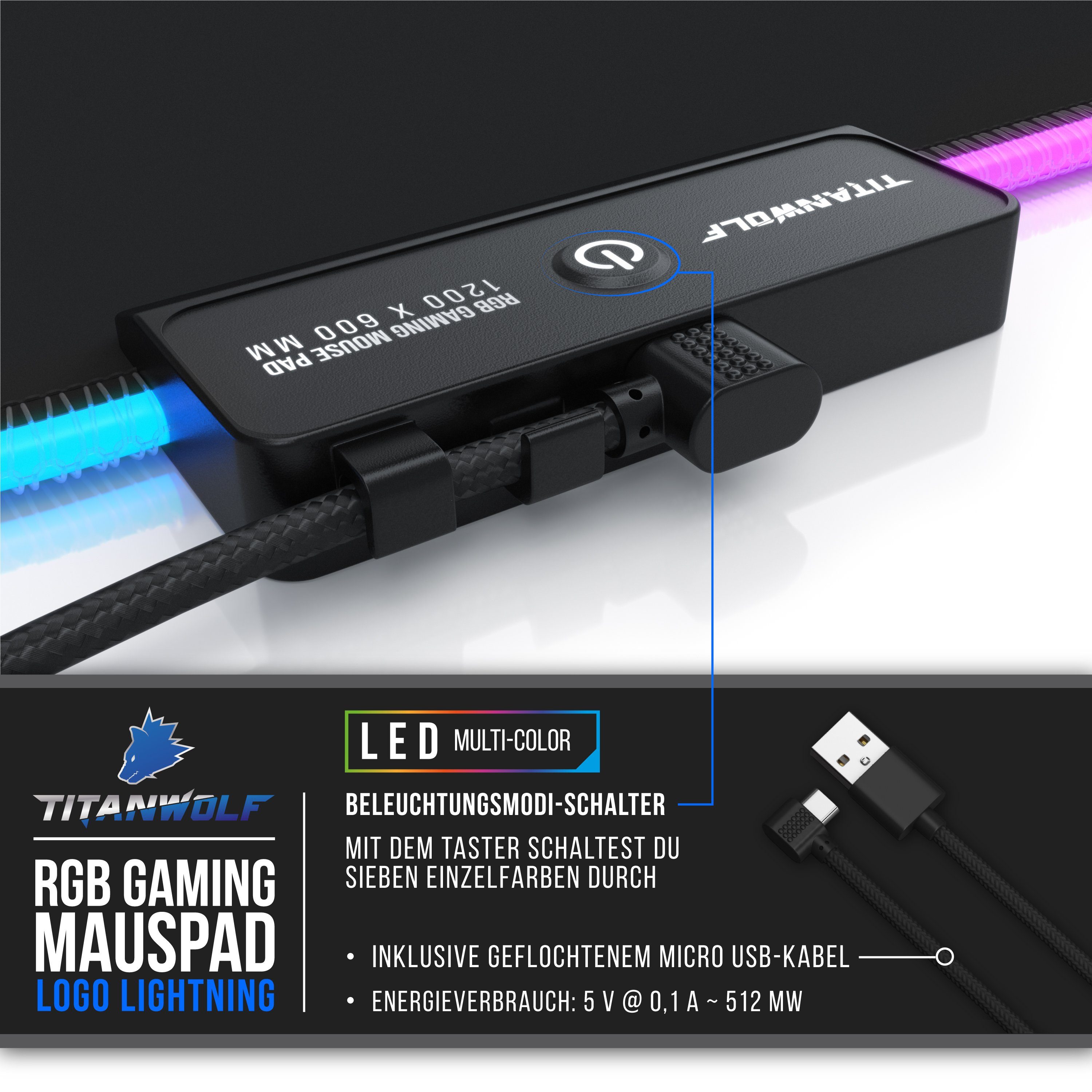 Titanwolf Gaming Mauspad RGB Mousepad 1200 x 600 x 3 mm, LED Multi Color XXXL Tischunterlage (1-St), rutschfest, abwaschbar, Geschwindigkeit & Präzision, Titanw – Bild 5 von 5
