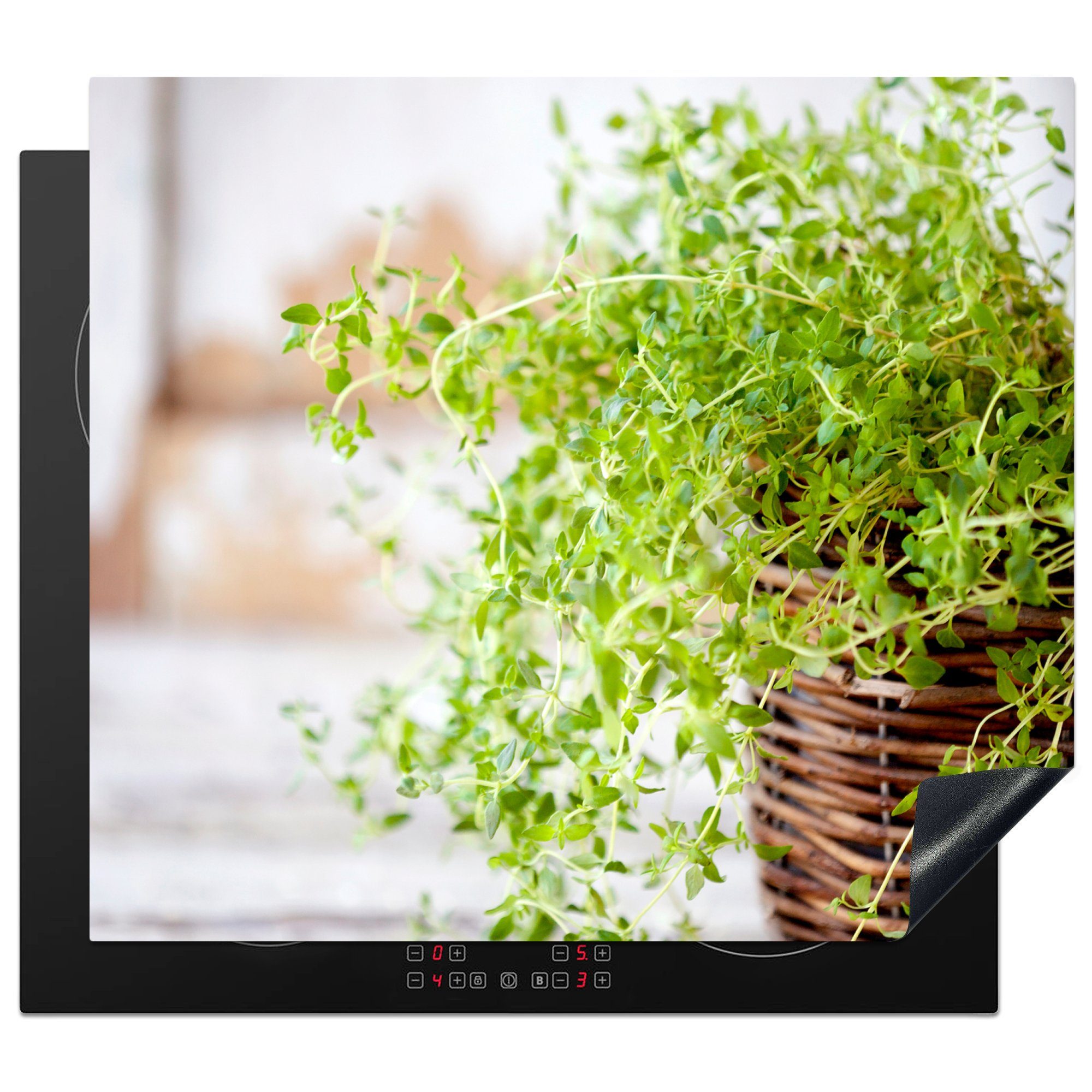 MuchoWow Herdblende-/Abdeckplatte Weidenkorb mit hellgrünen Thymianpflanzen auf einem rustikalen Tisch, Vinyl, (1 tlg), 59x52 cm, Ceranfeldabdeckung für die küche, Induktionsmatte