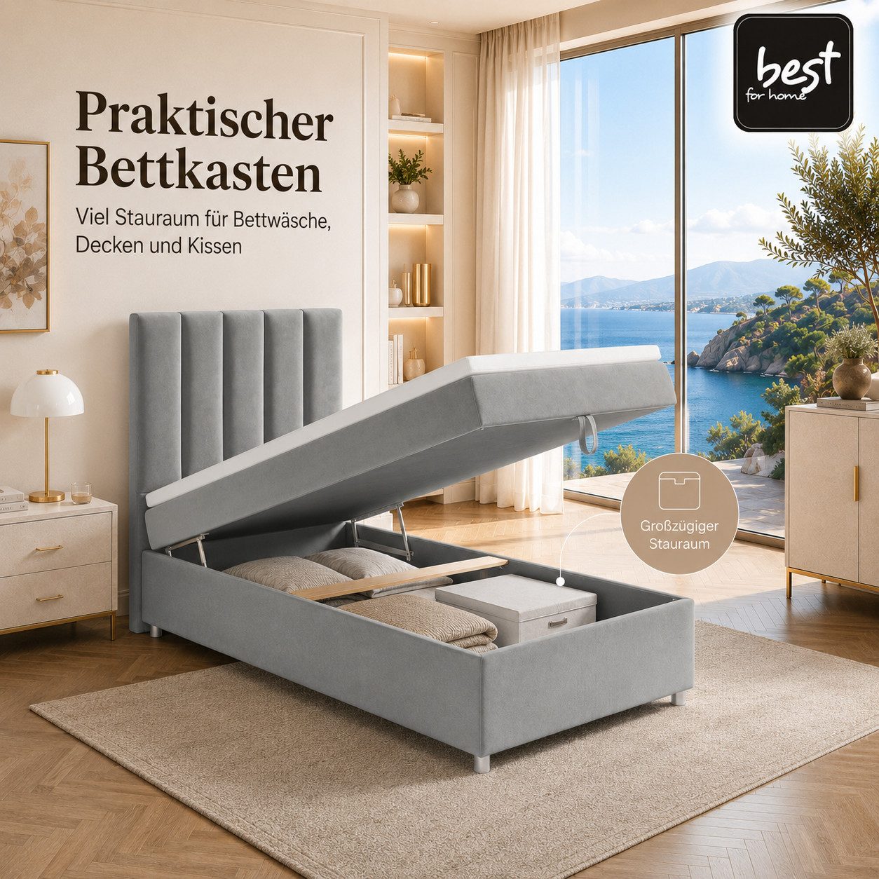 Best for Home Boxspringbett mit Bettkasten Trinity K-10 SINGLE Bonell-Matratze, Komfort Topper (Einzelbett, Polsterbett mit gepolstertes Kopfteil, Jugendbett, Kinderbett versch. Größen, 70x200 80x200 90x200 100x200 cm), Handwerksqualität, TOP Preis-Leistungs-Verhältnis