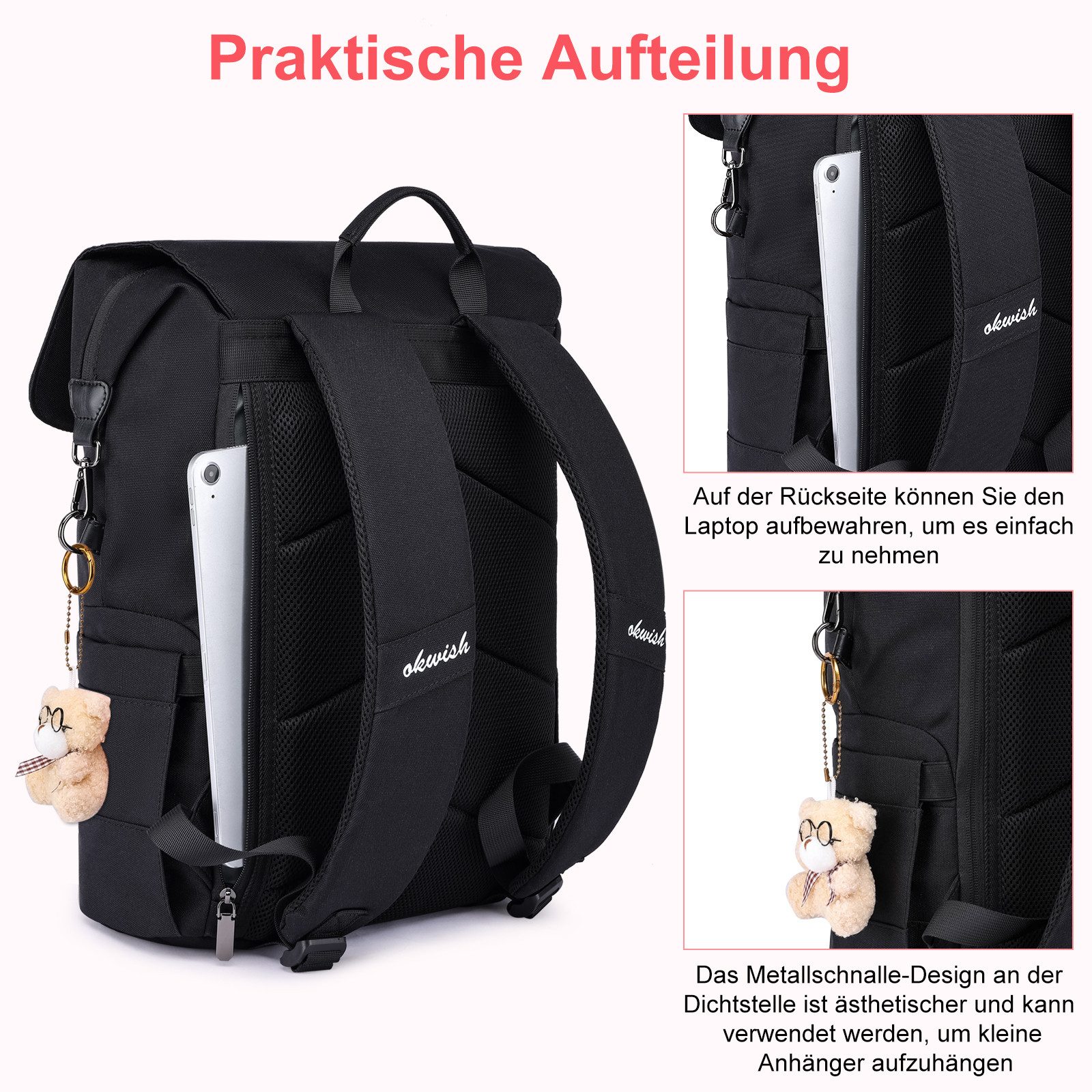 OKWISH Laptoprucksack Handtasche Freizeitrucksack Cityrucksack mit Laptopfach (Laptop Notebook Tasche Schule Uni Rucksack, 1-tlg., Unisex Reiserucksack, Wasserabweisender, Laptop für 13 Zoll), fur Herren Damen Jungen Teenager Freizeit Arbeit Business Reisen