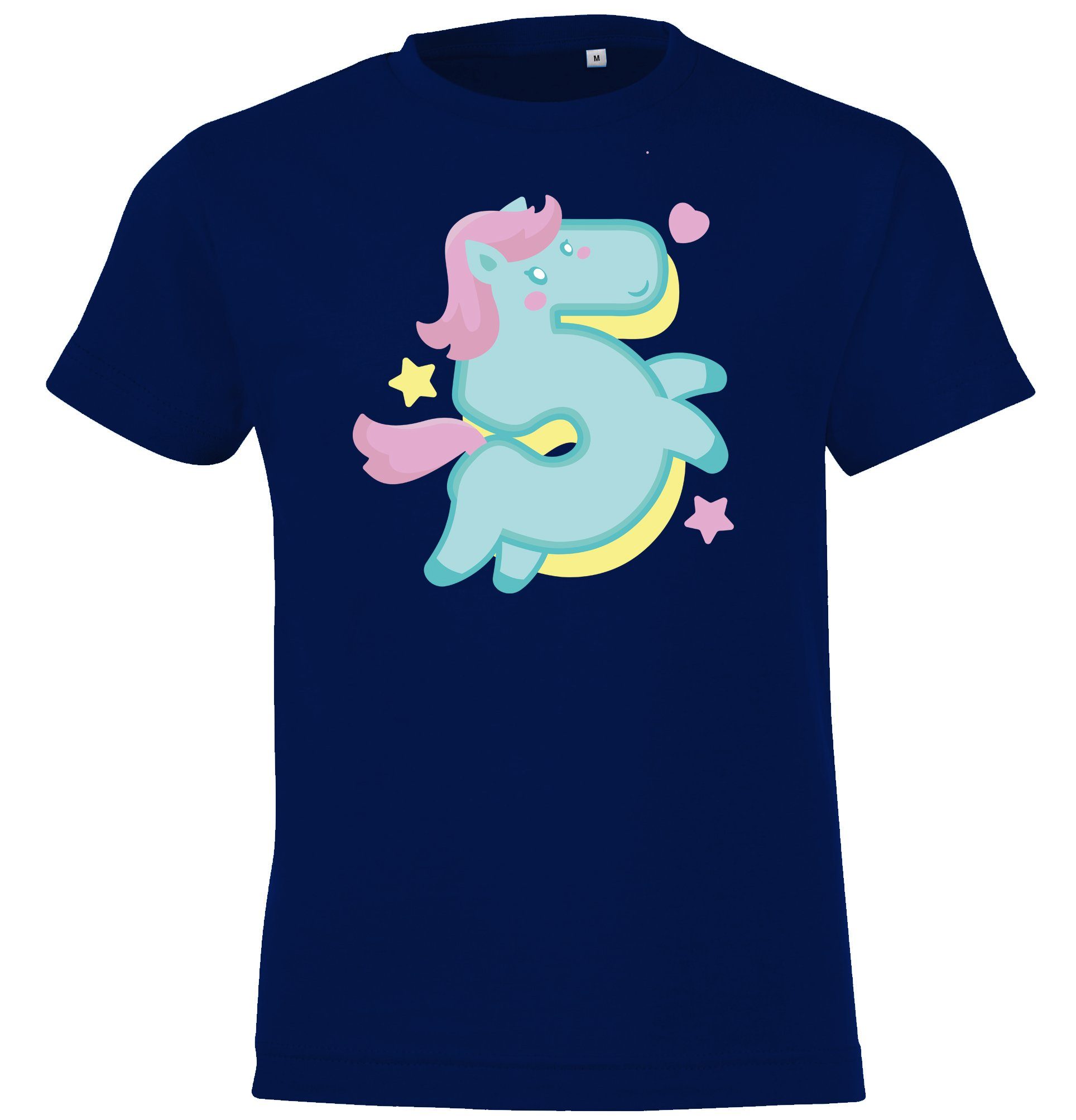 T-Shirt Navyblau süßem 5 Einhorn Mädchen Alt T-Shirt Frontprint mit Jahre Geburtstags Designz Youth für