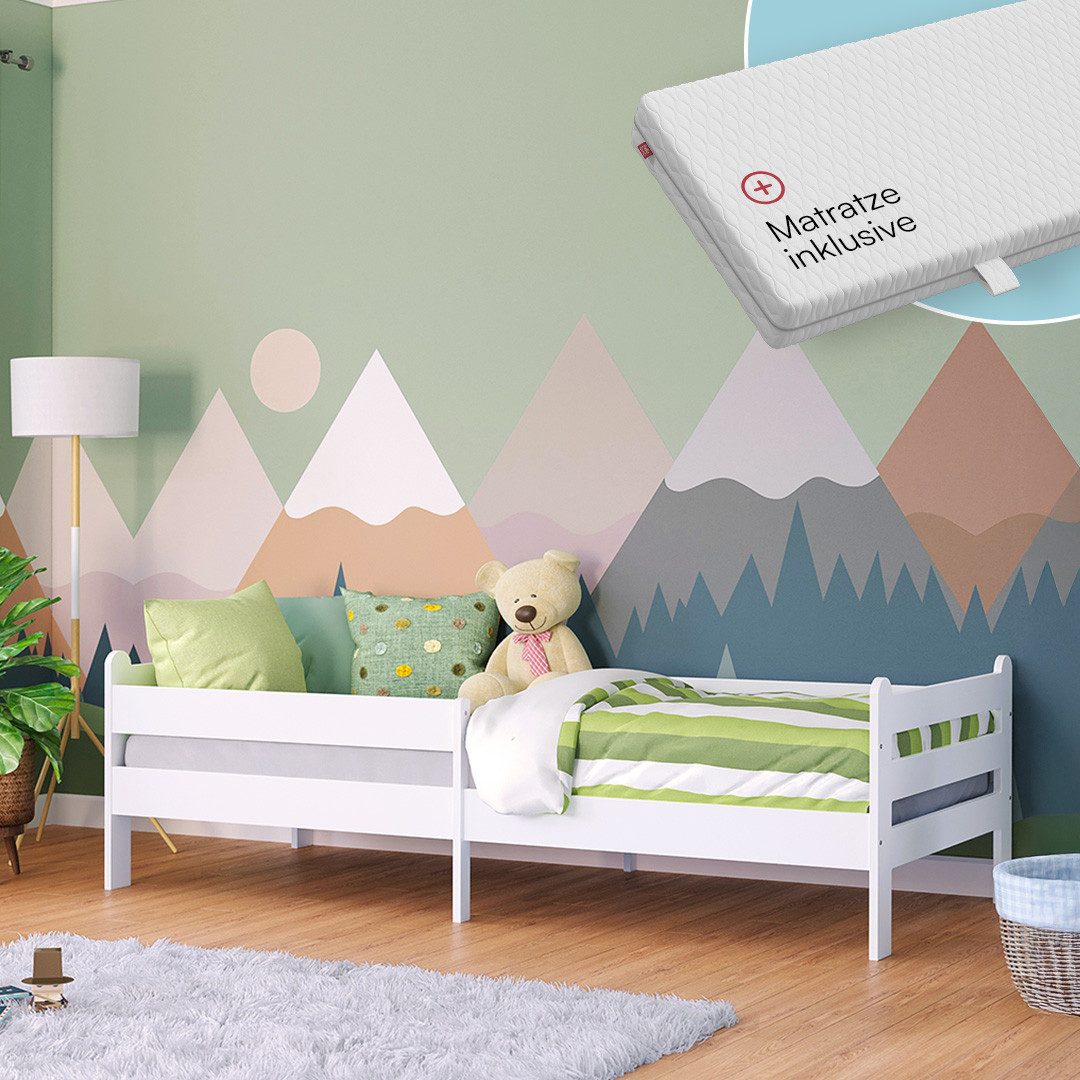 Bellabino Kinderbett Kuru 90x200 cm (weiß, integriertes Lattenrost und Raus günstig online kaufen