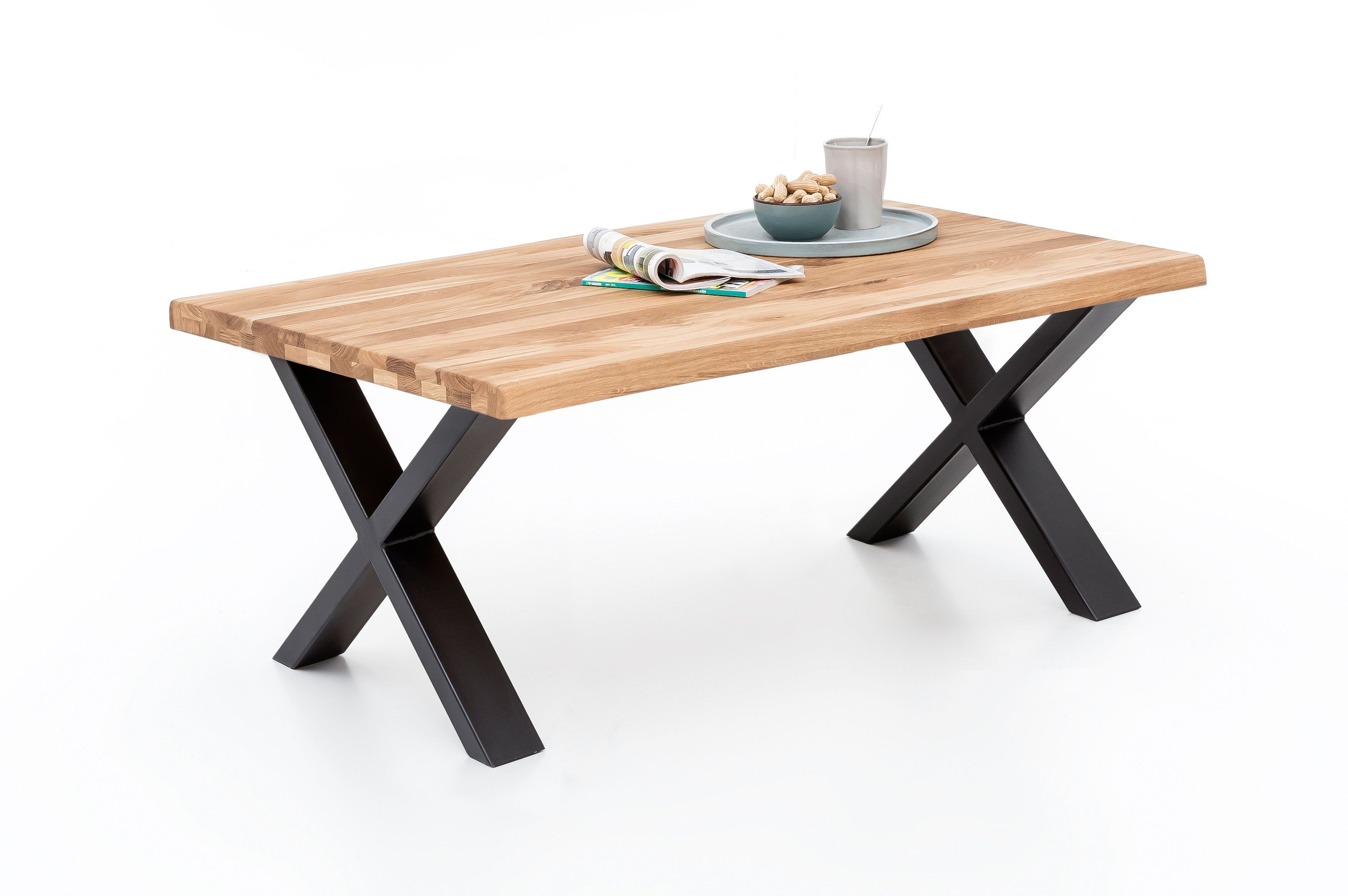 ELFO Couchtisch Couchtisch Baumkante Wildeiche Massiv geölt 110x70cm Metall X-Gestell