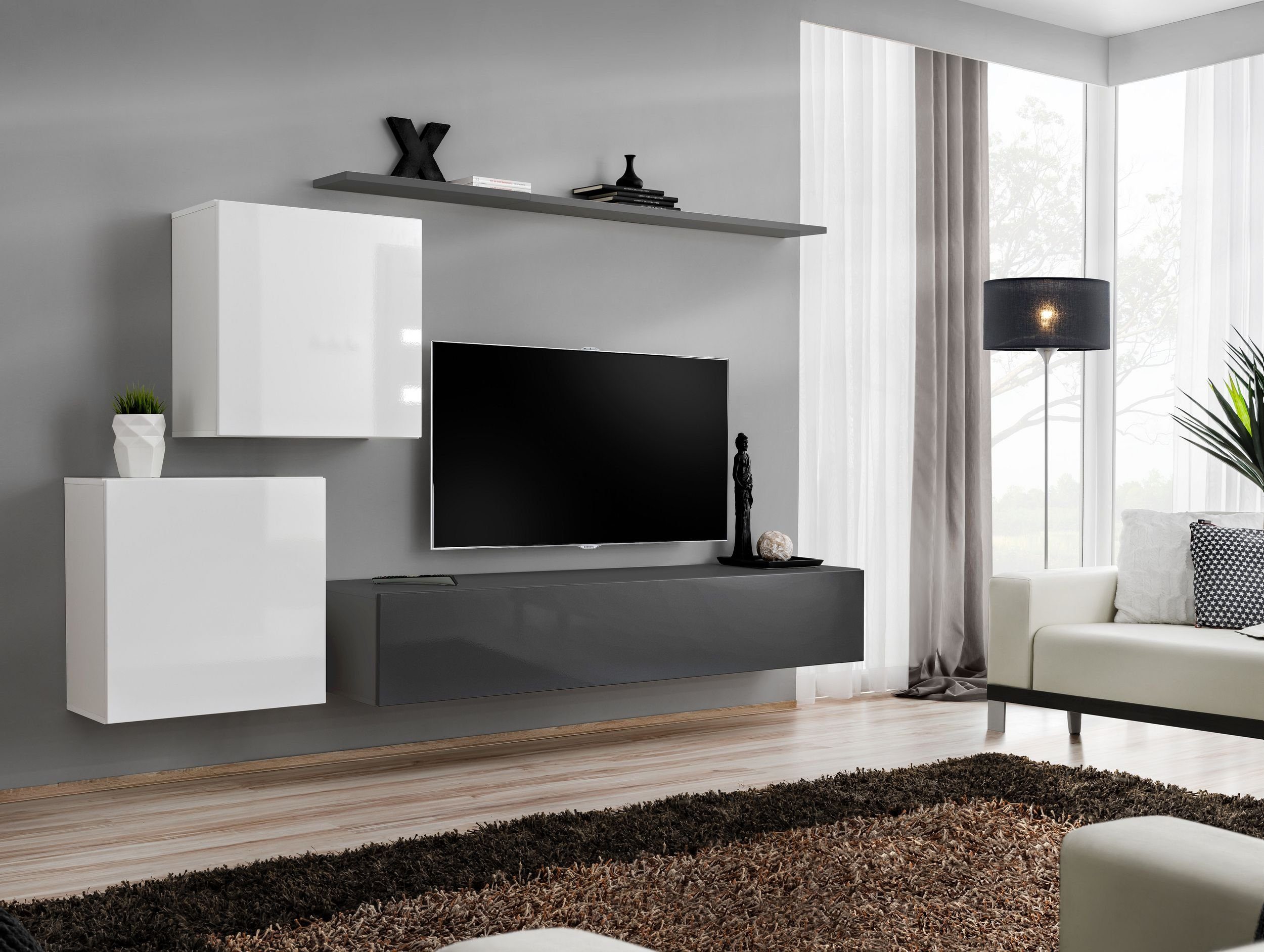 Stylefy Wohnwand Swotch V 150x250x40 cm, (Wohnmöbel, Wohnzimmer-Set, Set (4-St), bestehend aus 2xHängeschrank, 1xLowboard, 1xWandboard, Hochglanzfronten, mit Push-to-Open, Modern Weiß - Graphit