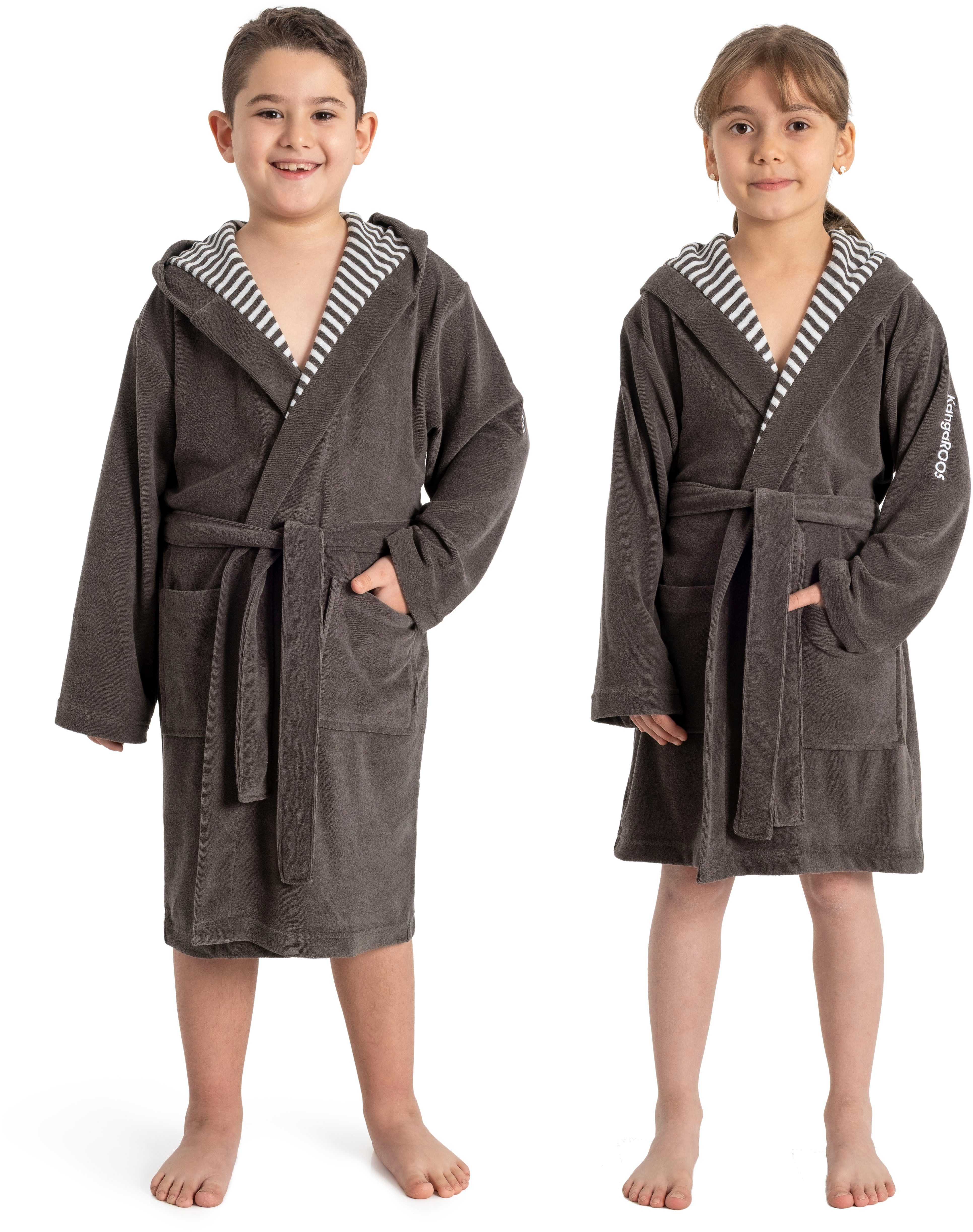 KangaROOS Kinderbademantel Dalia, Ideal für Zuhause, Schwimmbad oder im Urlaub, Langform, Veloursfrottier, Kapuze, Gürtel, Uni-Farben mit Streifen