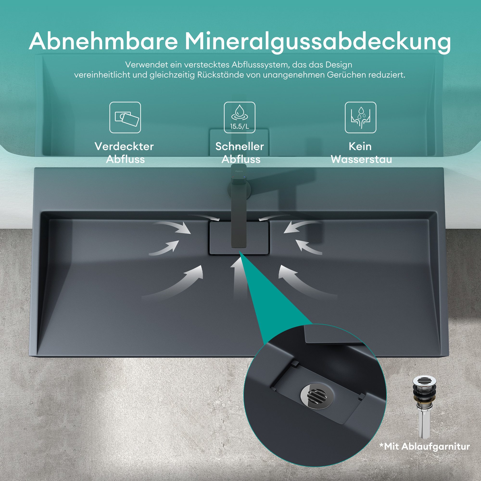 Mai & Mai Waschbecken Einbauwaschbecken Hängewaschbecken aus Mineralguss mit Ablaufgarnitur, DIN-Norm, Verfügbar mit 0, 1 oder 2 Armaturenlöchern
