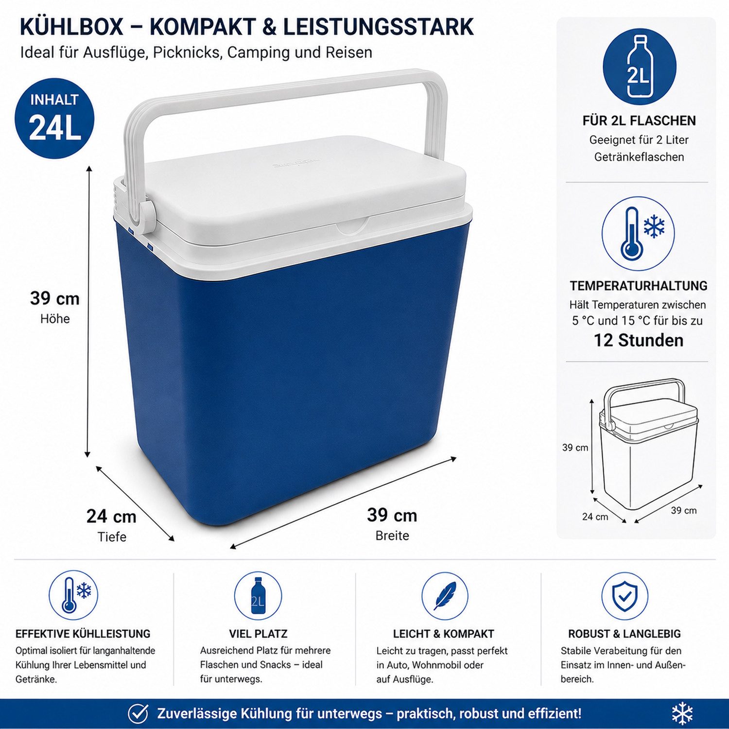 Mojawo Kühlbox Kühlbox Thermobox Picknick Camping Outdoor 24 Liter mit Henkel – Bild 3 von 5