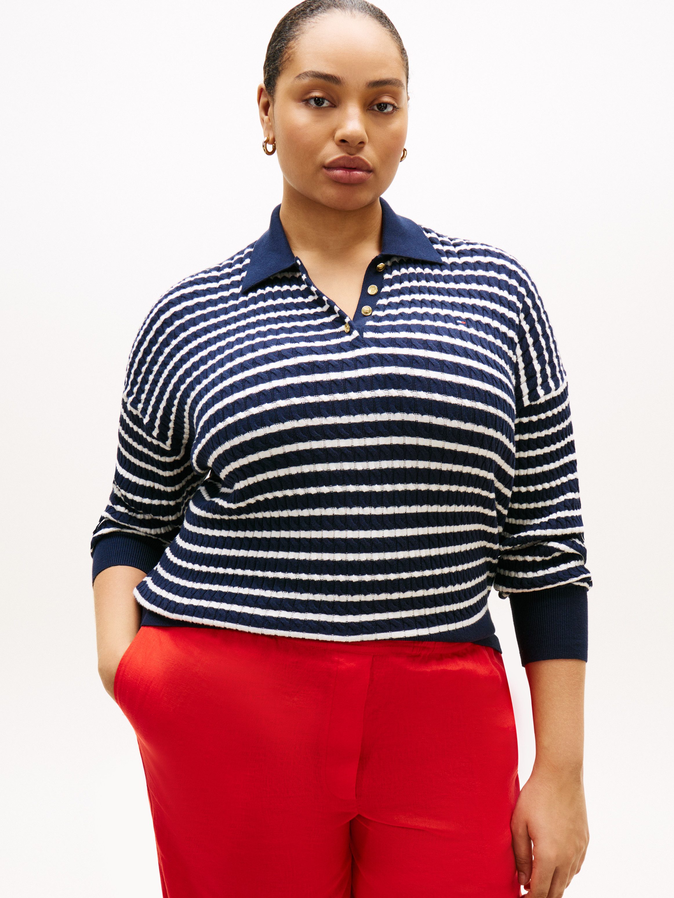 Tommy Hilfiger Curve Polokragenpullover CRV CO CABLE FINE GG RLX POLO in großen Größen, mit Zopfmuster