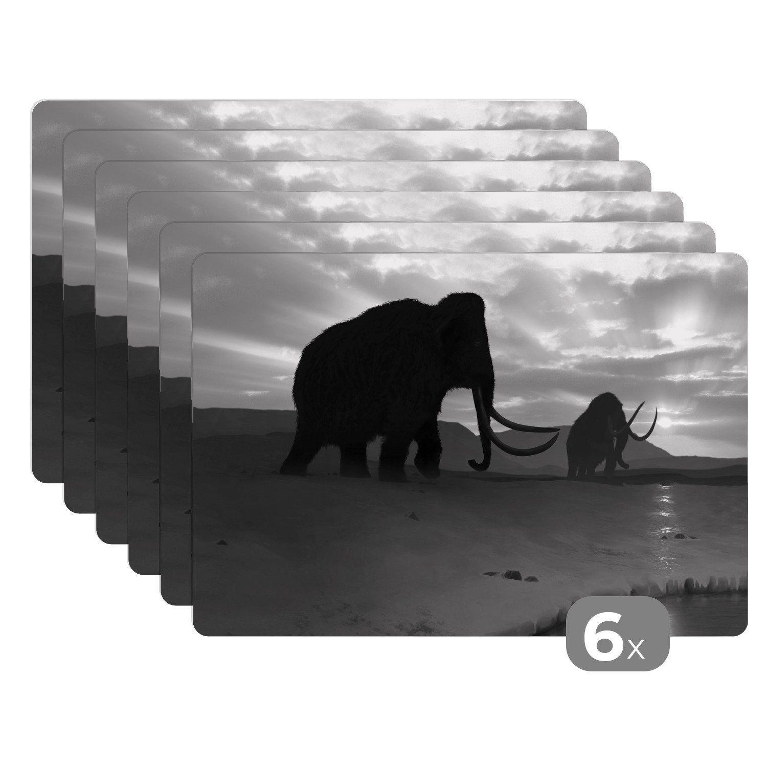 Platzset, Illustration von zwei Mammuts - schwarz und weiß, MuchoWow, (6-St), Platzset, Platzdecken, Platzmatte, Tischmatten, Schmutzabweisend