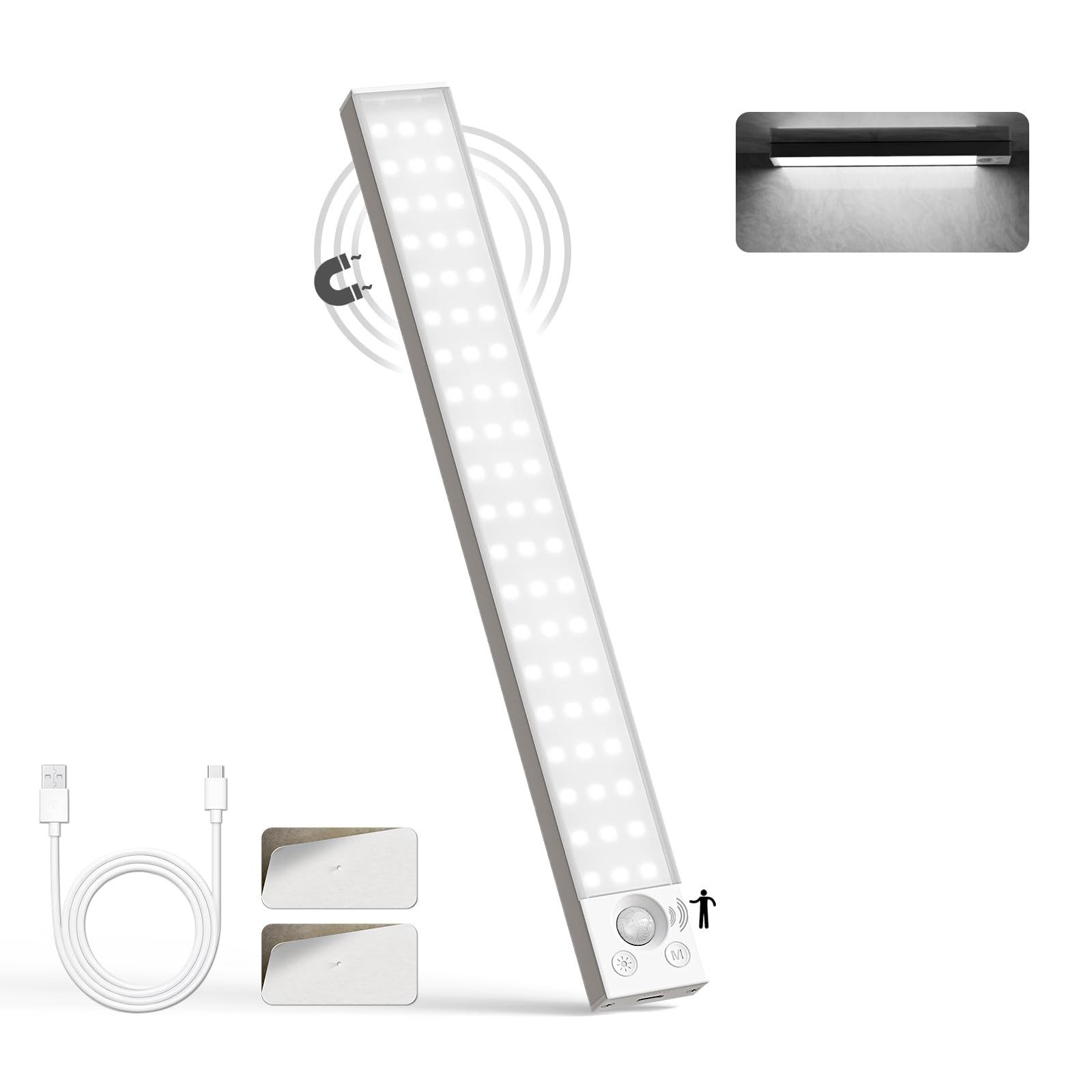 LQWELL LED Unterbauleuchte mit Bewegungsmelder, Dimmbar, Akku, USB-C Wiederaufladbar Schranklicht, LED fest integriert, Treppenlicht, Nachttischlampe 32 cm, 1800 mAh