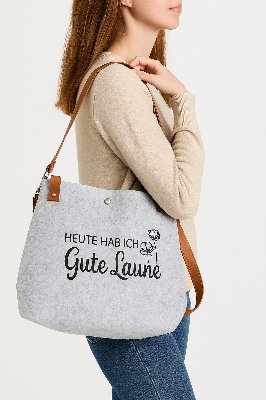 MF Umhängetasche Gute Laune Filztasche mit Kunstlederriemen in Grau (1-tlg) günstig online kaufen
