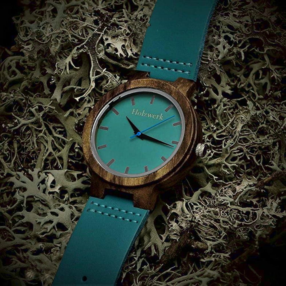 Holzwerk Quarzuhr KAHLA große Damen Leder & Holz Armband Uhr, türkis blau, braun KAHLA
