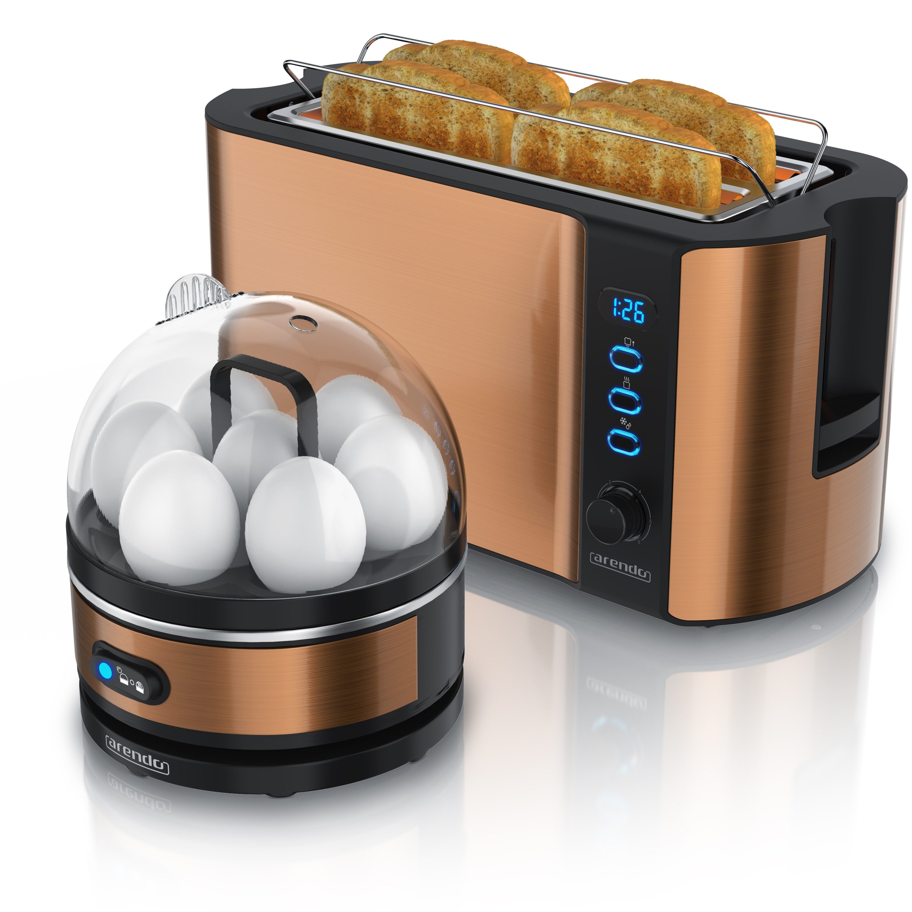 Arendo Frühstücks-Set 4-Scheiben Langschlitz Toaster, 7er Eierkocher, Kupfer (2-tlg), Edelstahl, BPA-frei, GS-geprüfte Sicherheit, fürs …