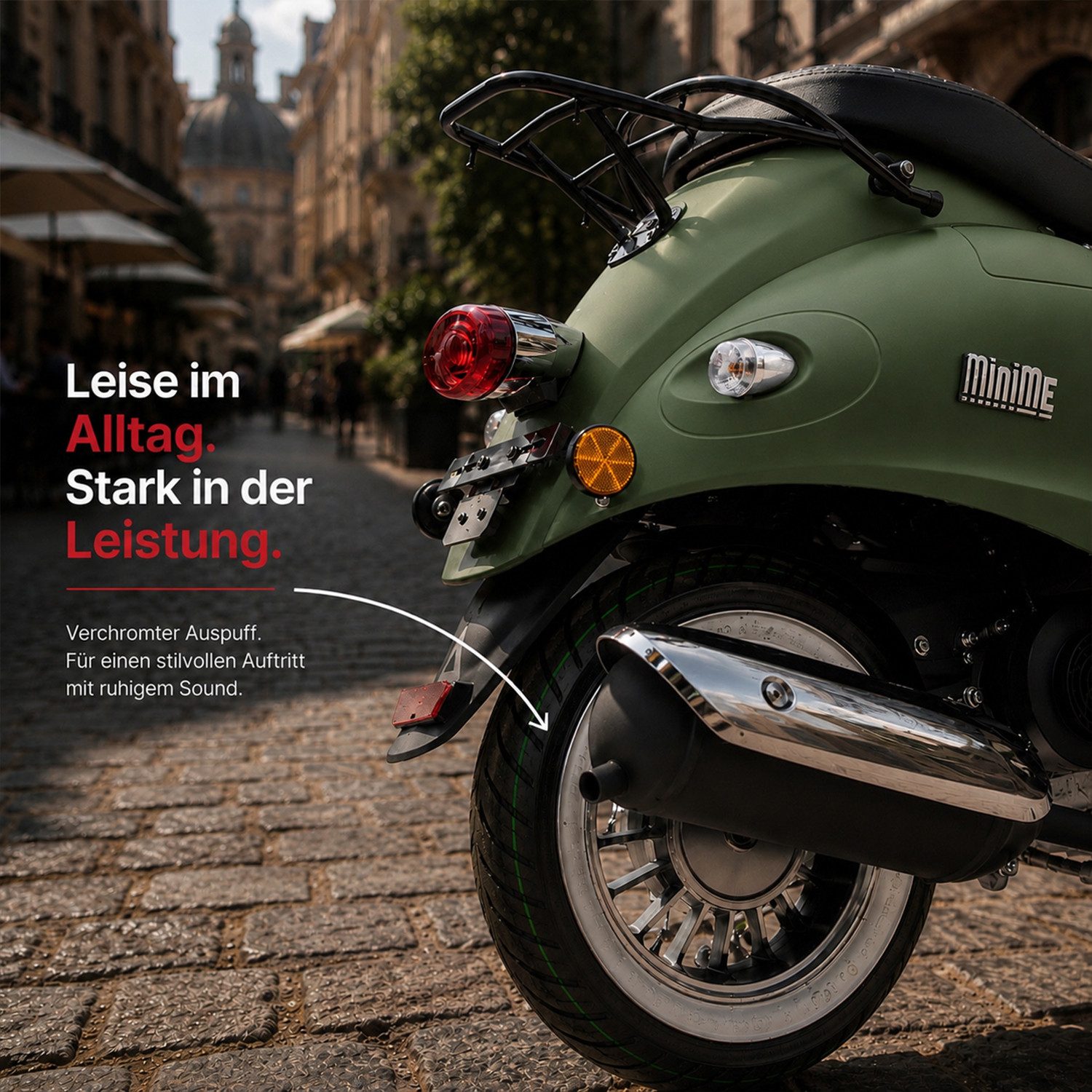 Burnout Motorroller MiniMe 2.0 Mattgrün, 50 ccm, 25 km/h, Euro 5, (50 ccm, 25 km/h, Euro 5), Unverwechselbares Retro Design, Mofa – Bild 5 von 5
