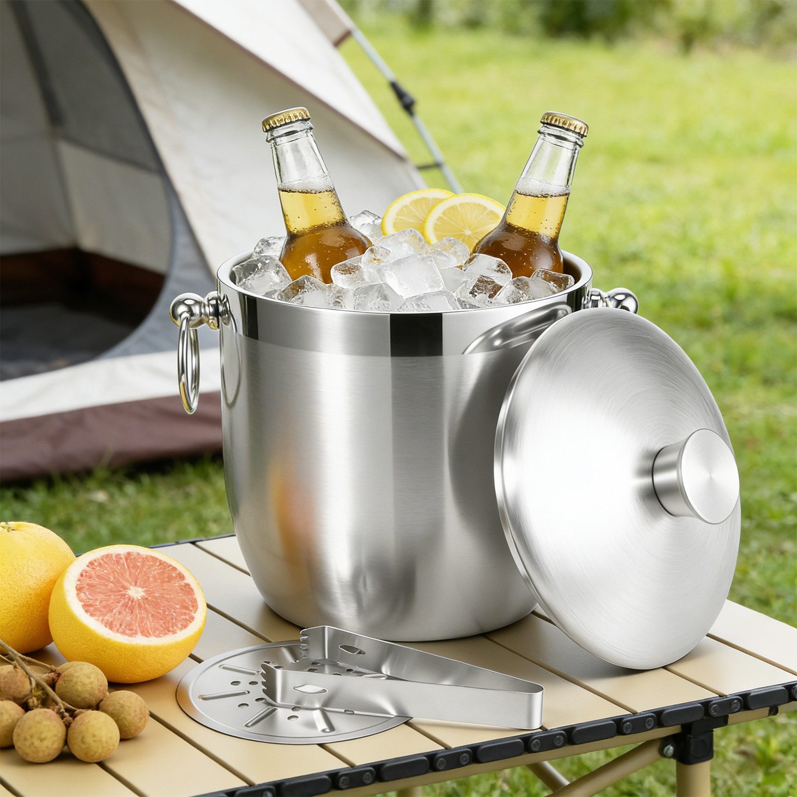 LEMLIT Eiseimer 3 L Eiskübel Edelstahl Doppelwandig Mit Deckel, Zange Und Sieb, Für Bier, Wein Und Champagner, Für Party, Bar Und BBQ